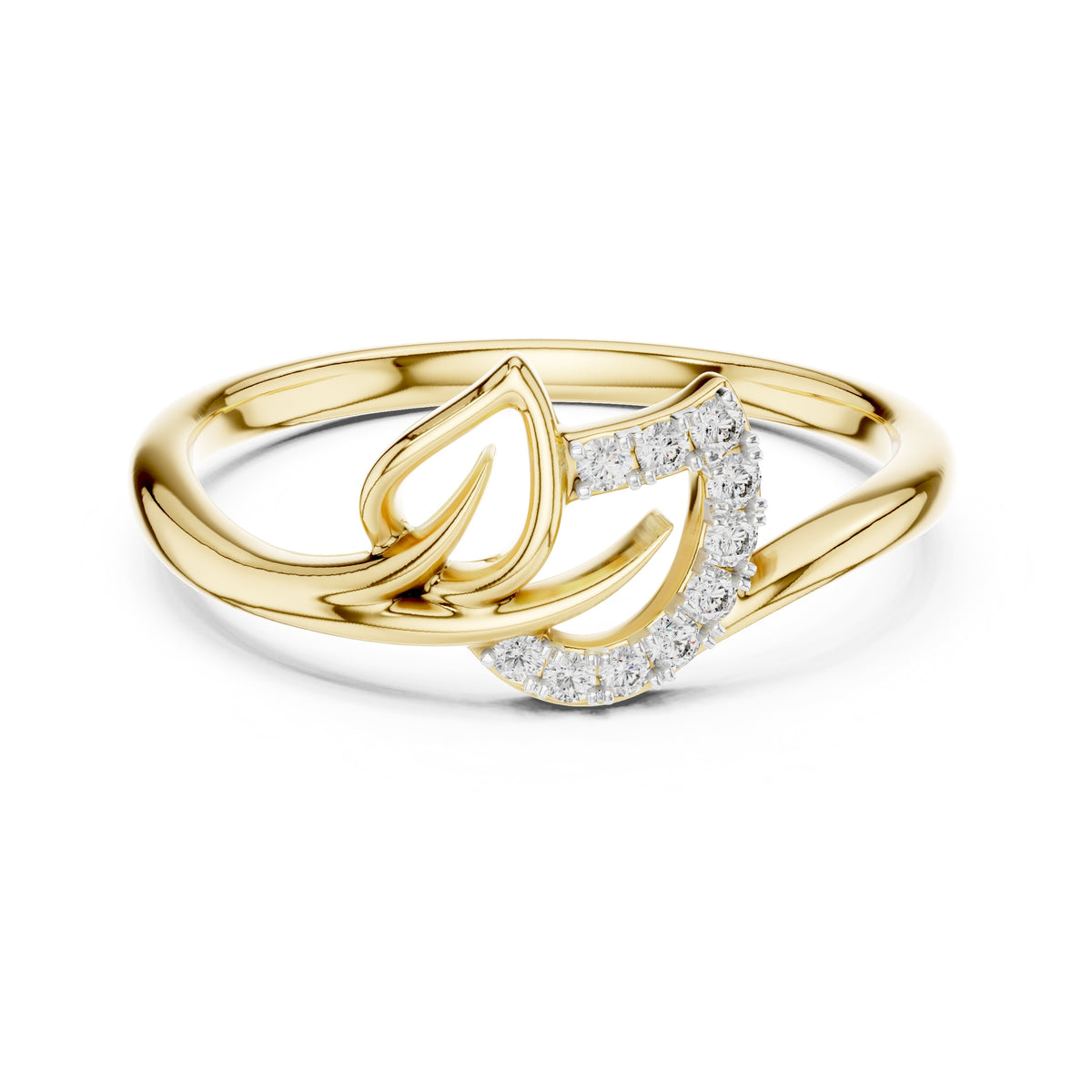 Curved Leaf Pavé Minimalist Ring Yellow Gold