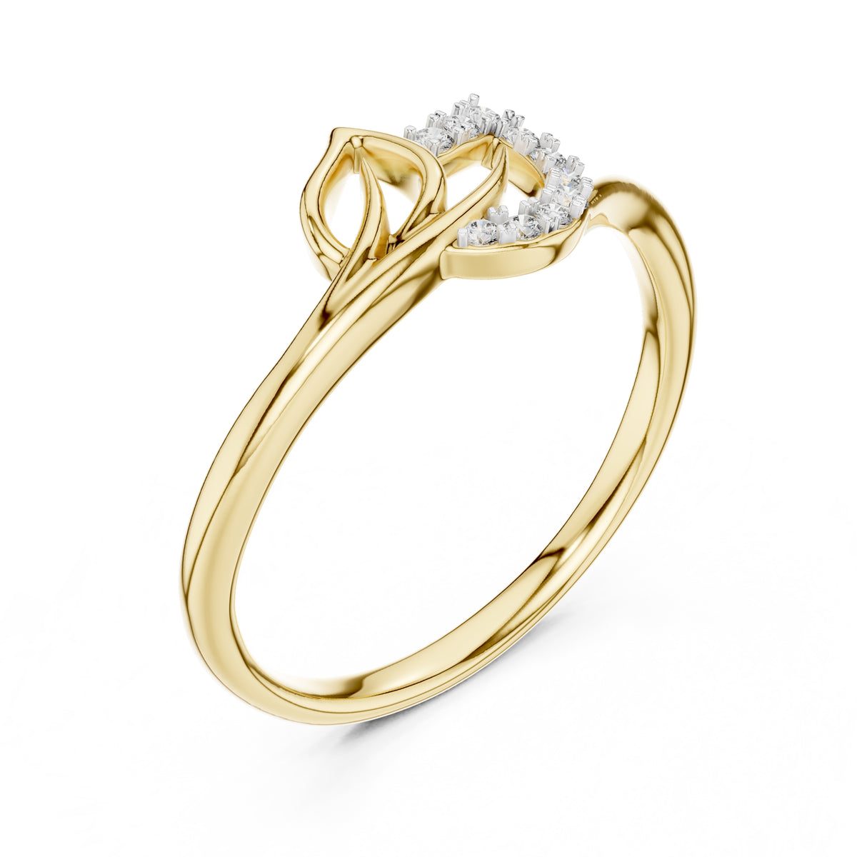 Curved Leaf Pavé Minimalist Ring Yellow Gold