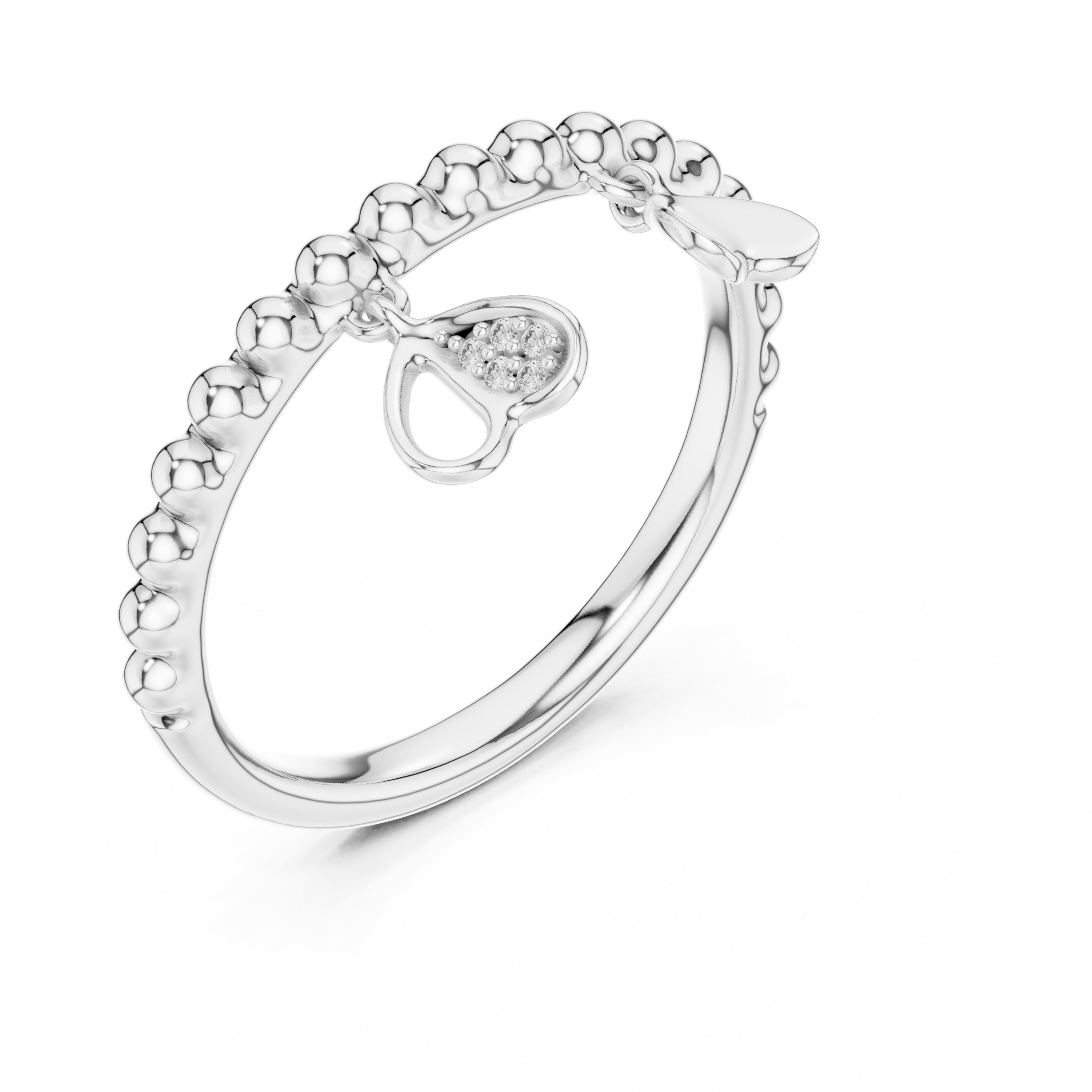 Beaded Heart Charm Ring White Gold