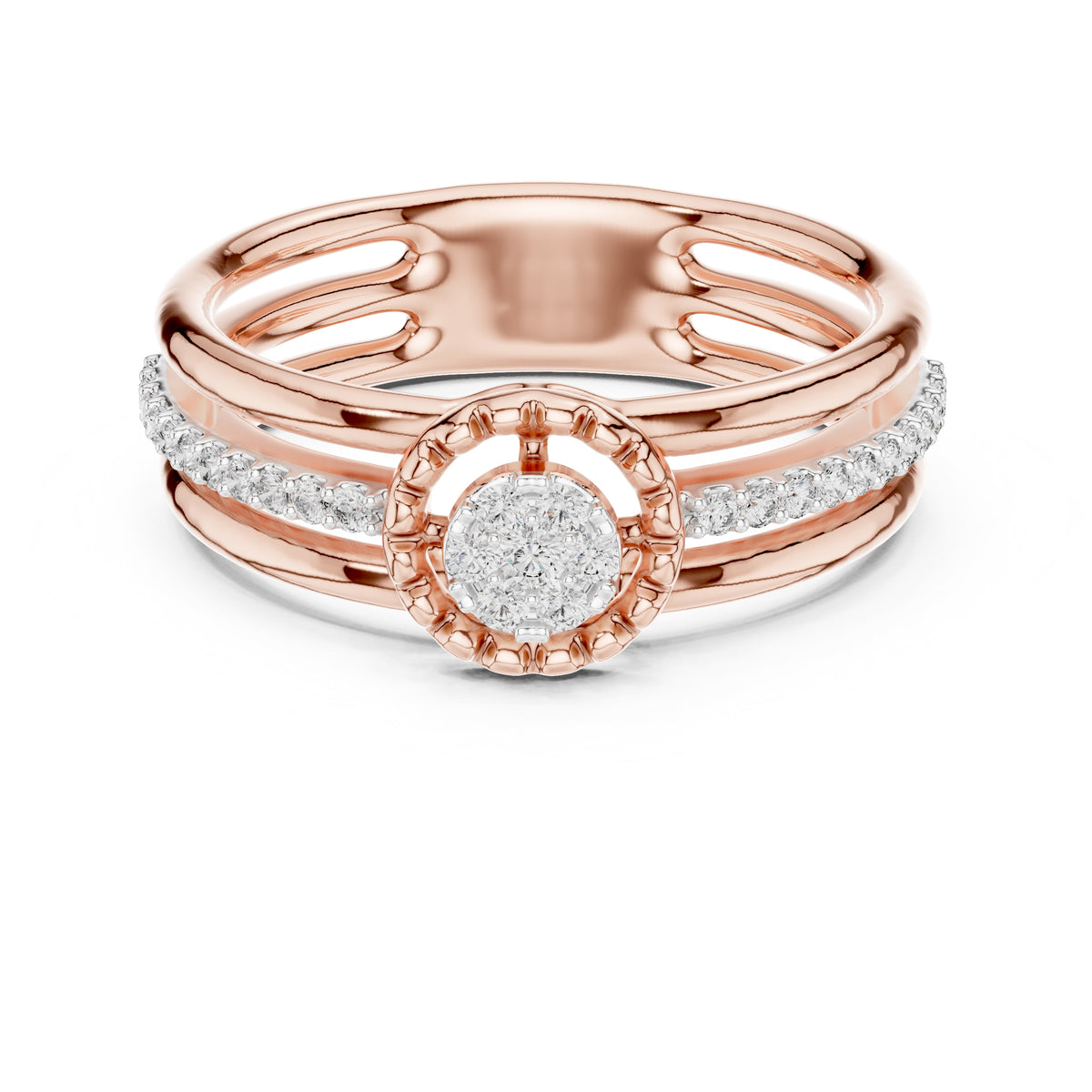 Multi-Band Halo Cluster Statement Ring Rose Gold