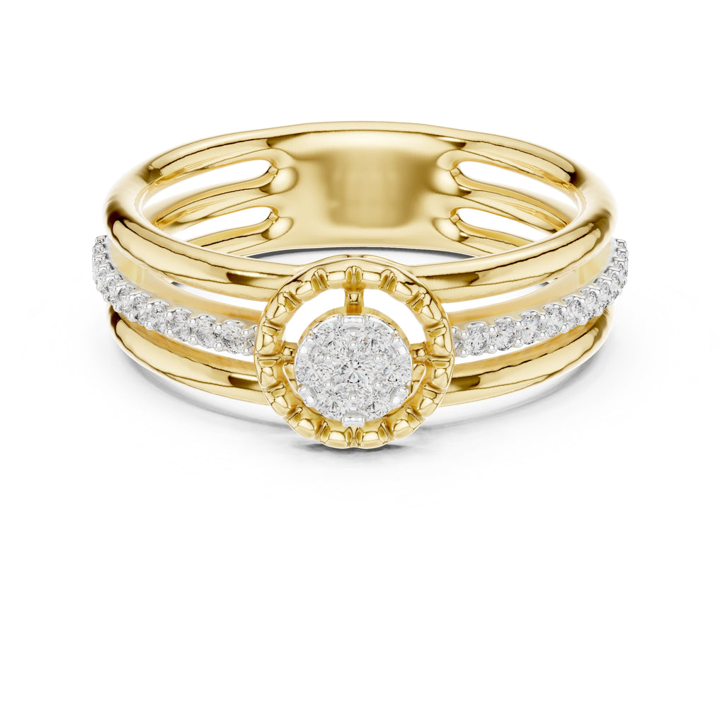 Multi-Band Halo Cluster Statement Ring Yellow Gold
