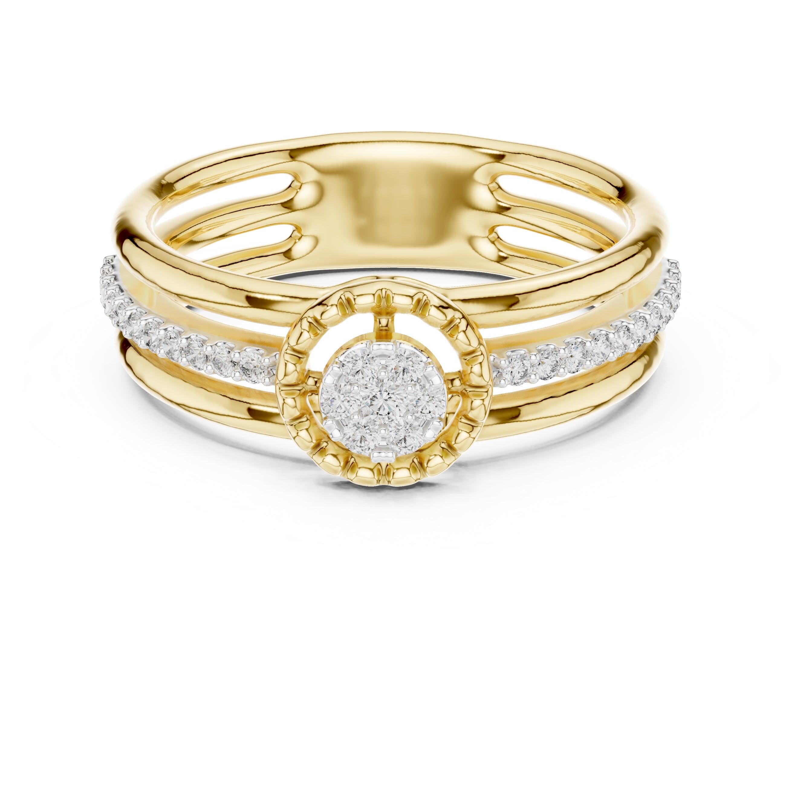 Multi-Band Halo Cluster Statement Ring Yellow Gold