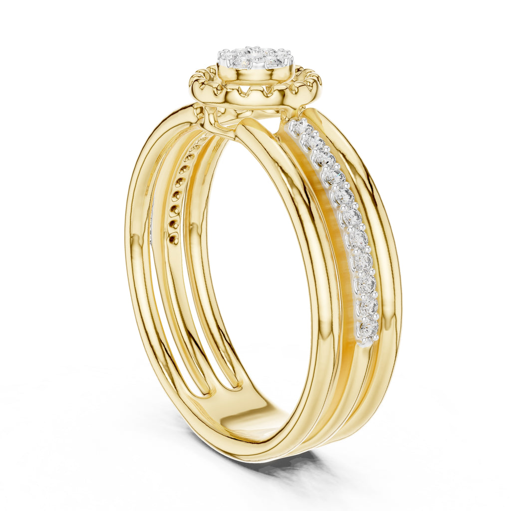 Multi-Band Halo Cluster Statement Ring Yellow Gold