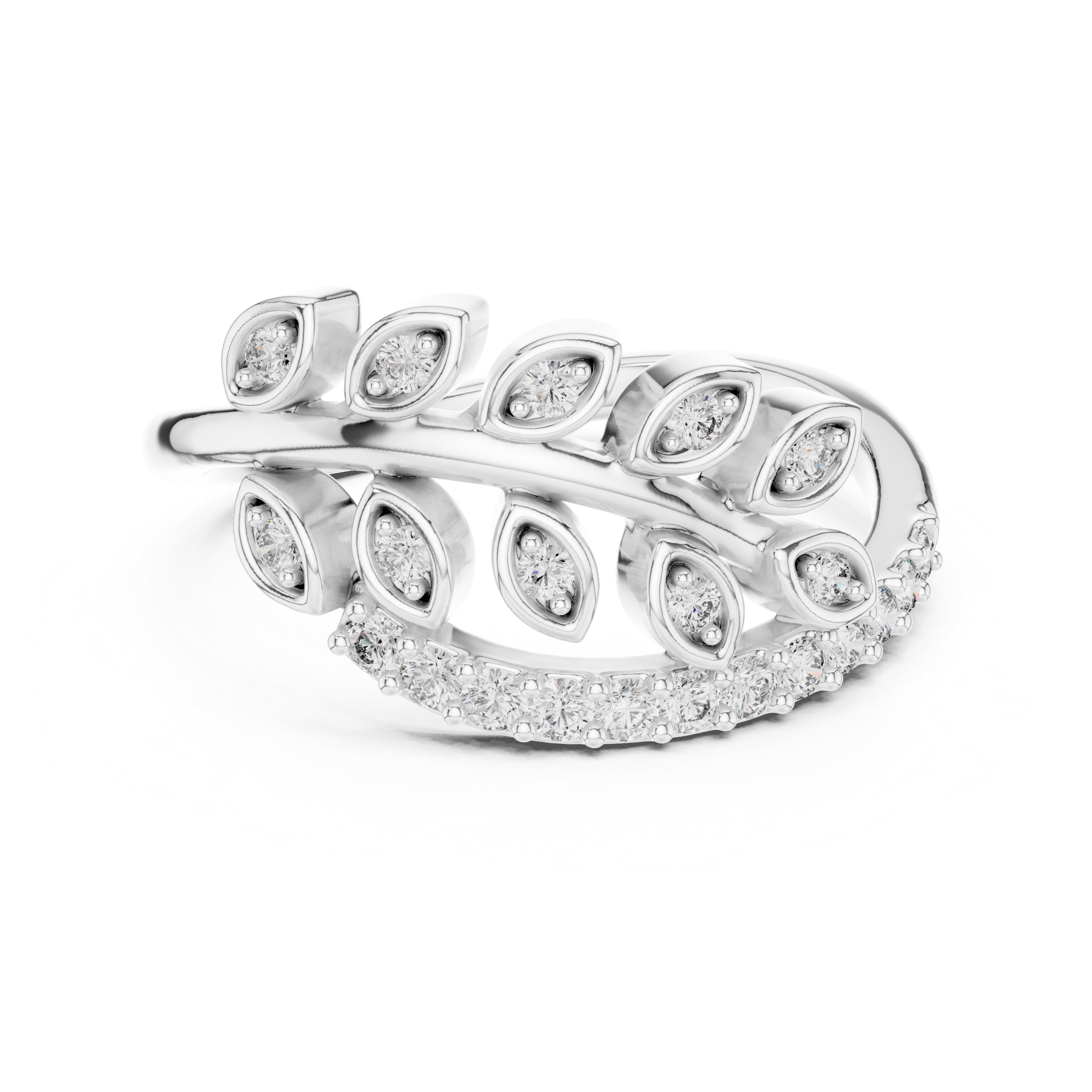 Botanical Leaf Cluster Statement Ring White Gold