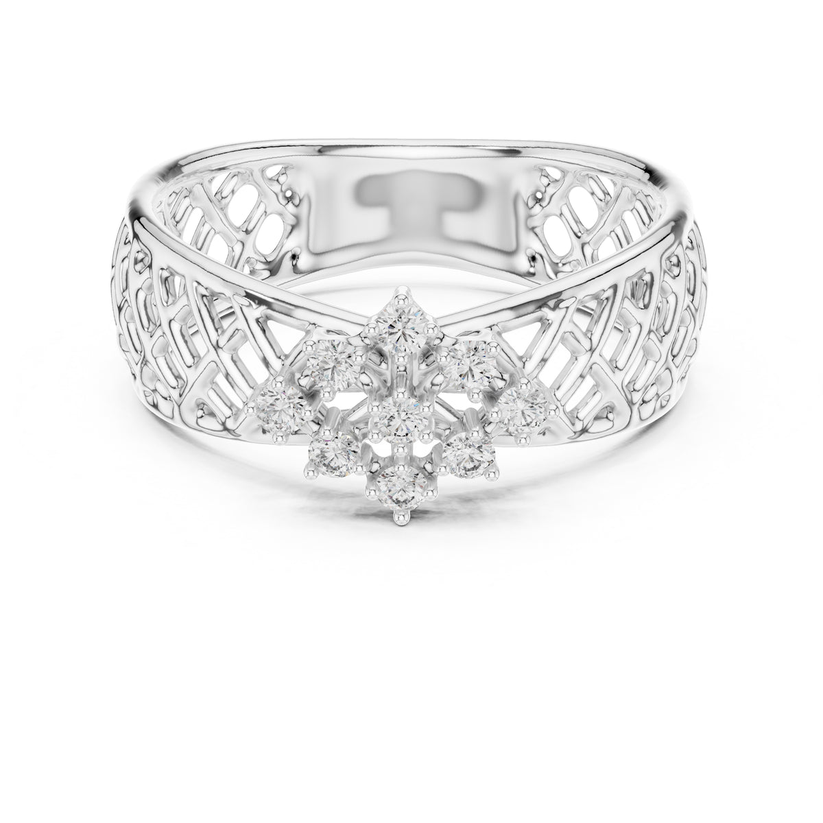 Lattice Floral Statement Wide Band White Gold