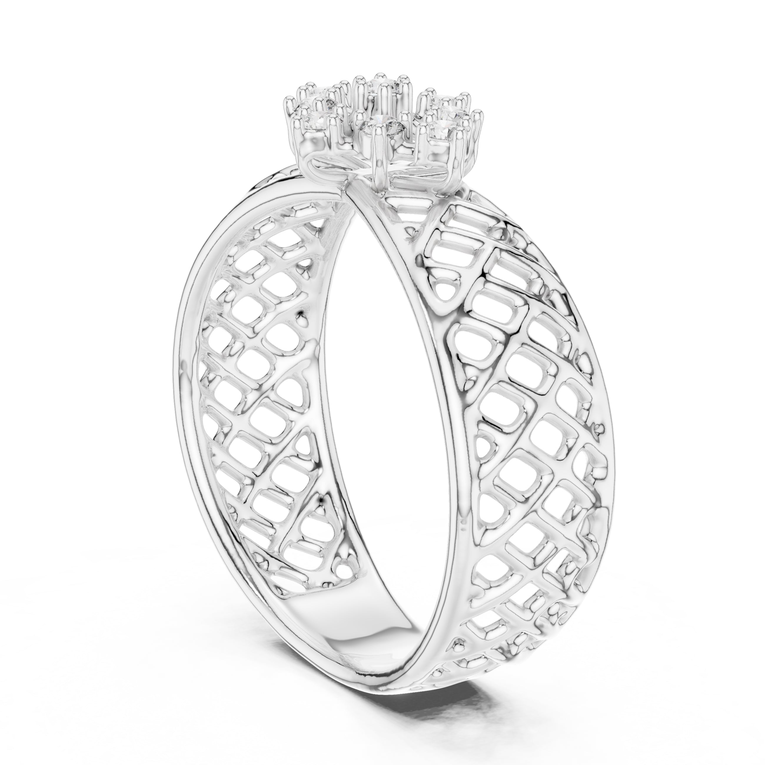 Lattice Floral Statement Wide Band White Gold