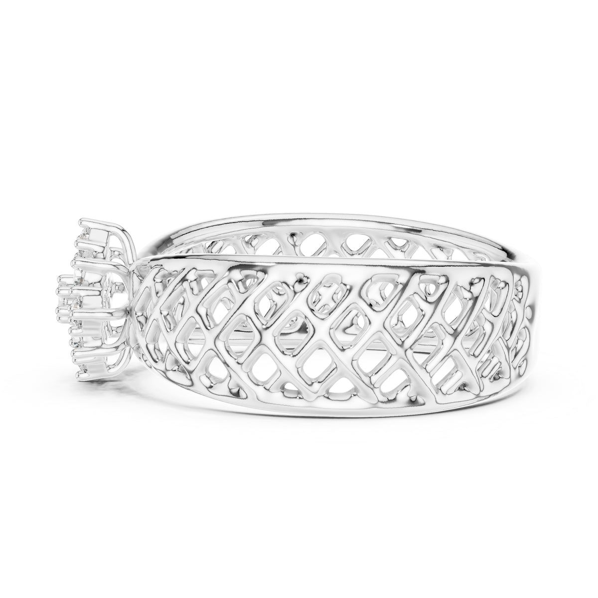 Lattice Floral Statement Wide Band White Gold