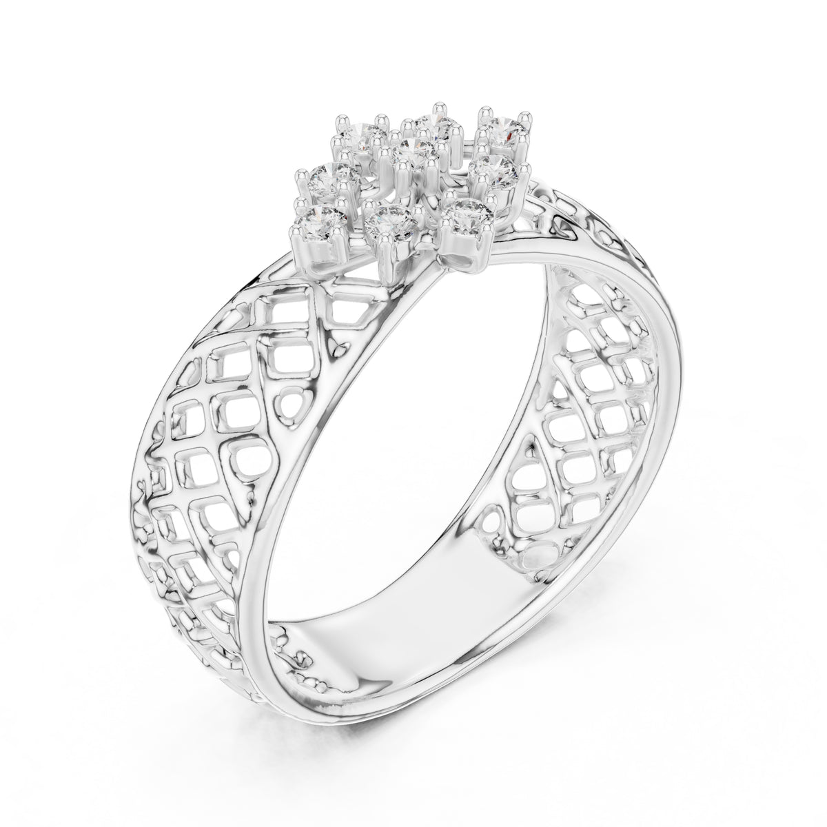 Lattice Floral Statement Wide Band White Gold