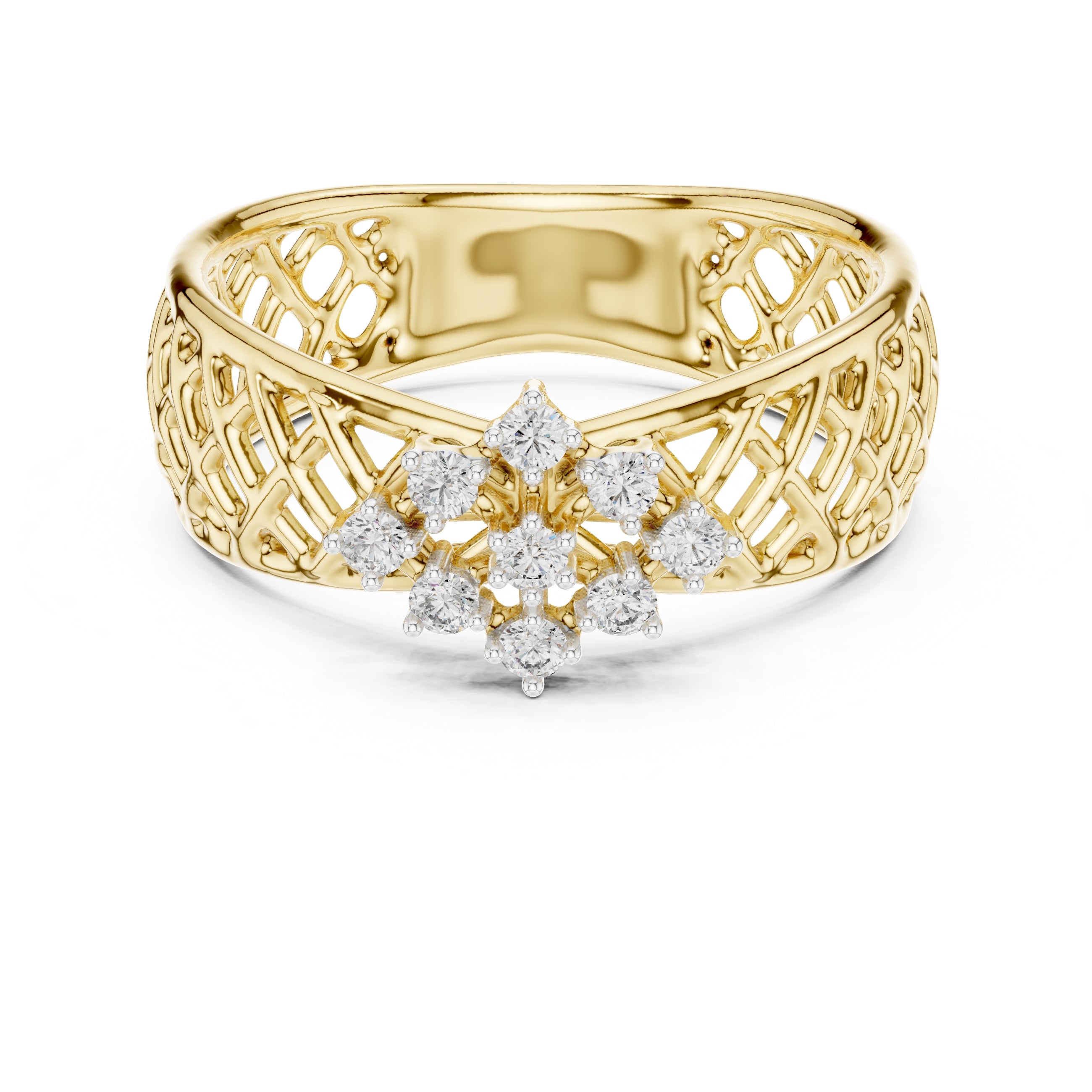 Lattice Floral Statement Wide Band Yellow Gold