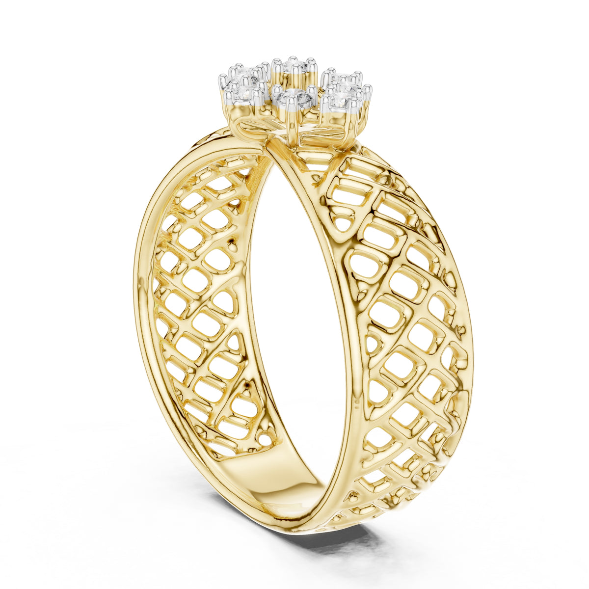 Lattice Floral Statement Wide Band Yellow Gold