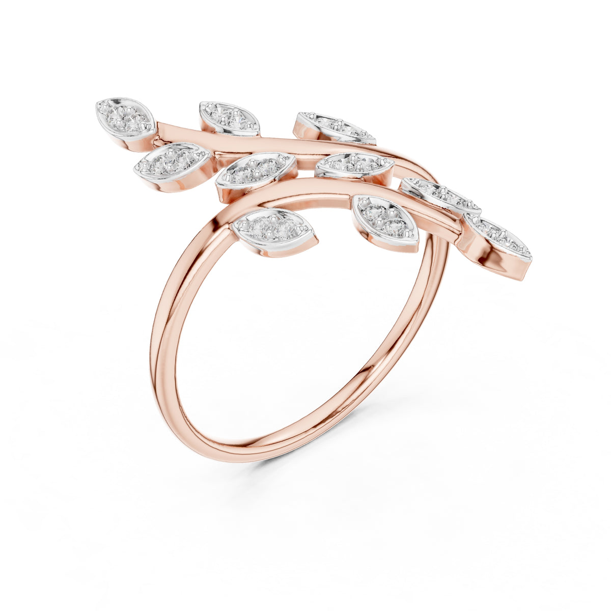 Dual Vine Leaf Open Wrap Ring Rose Gold