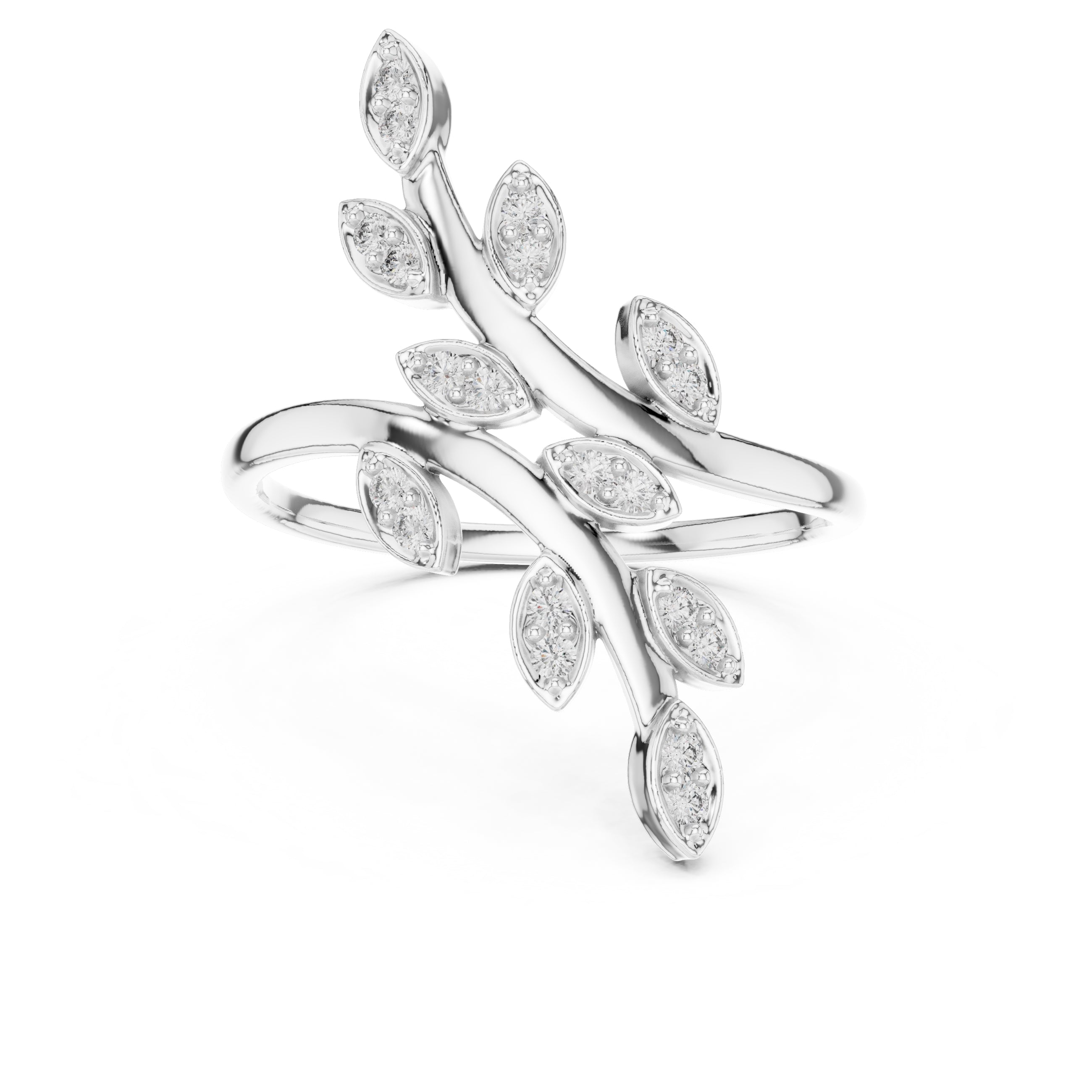 Dual Vine Leaf Open Wrap Ring White Gold