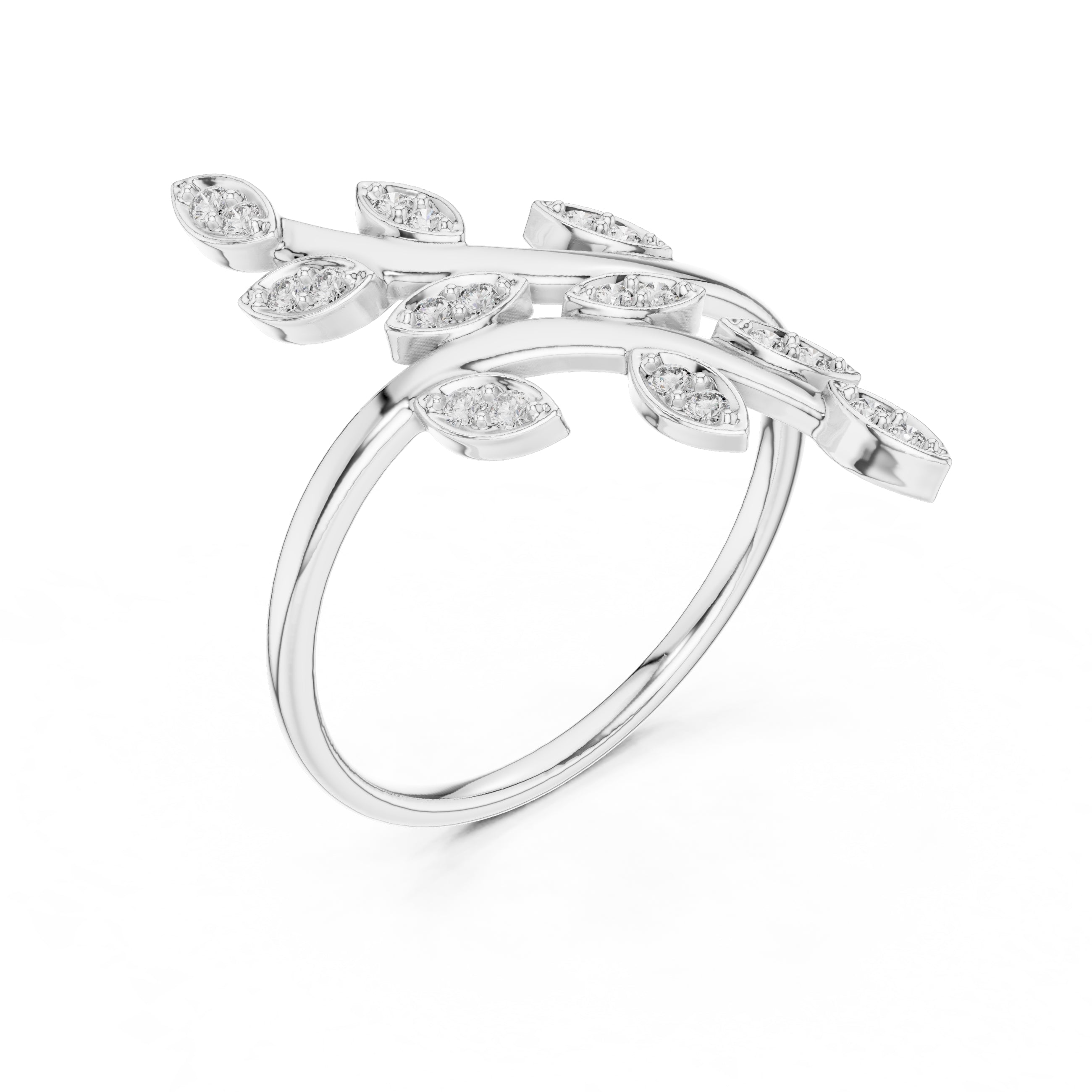 Dual Vine Leaf Open Wrap Ring White Gold