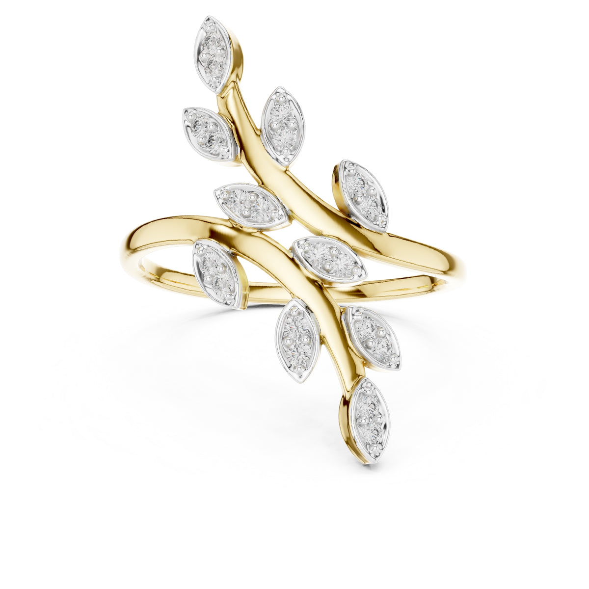 Dual Vine Leaf Open Wrap Ring Yellow Gold