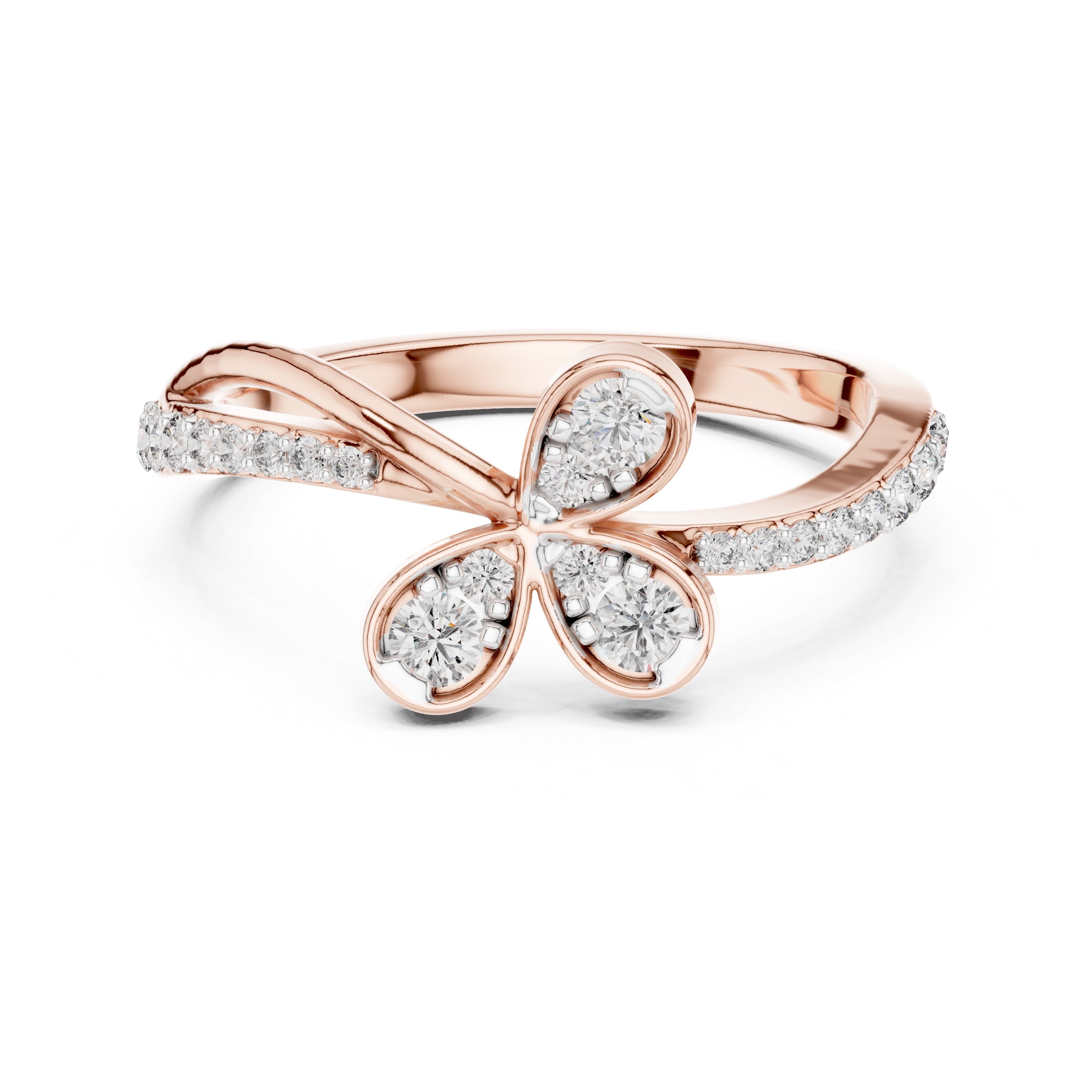 Four-Petal Floral Pavé Minimalist Ring Rose Gold