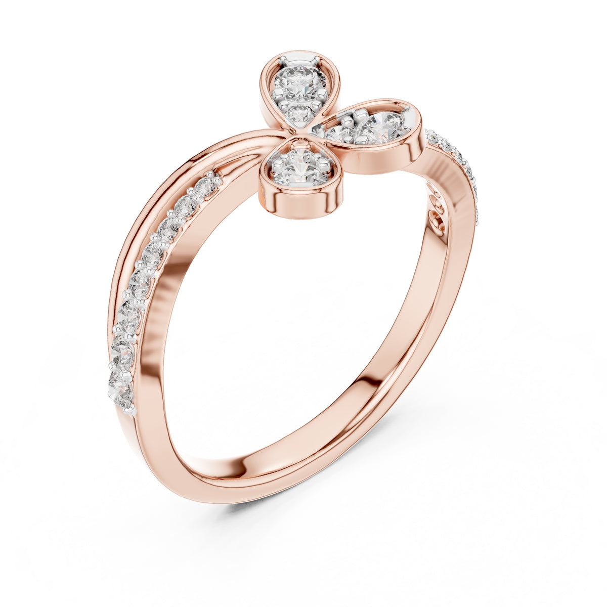 Four-Petal Floral Pavé Minimalist Ring Rose Gold
