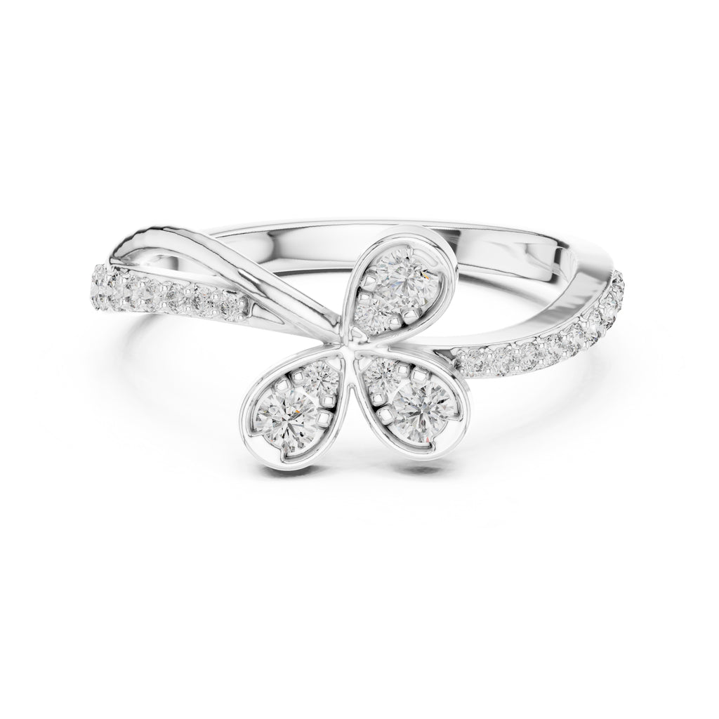 Four-Petal Floral Pavé Minimalist Ring White Gold