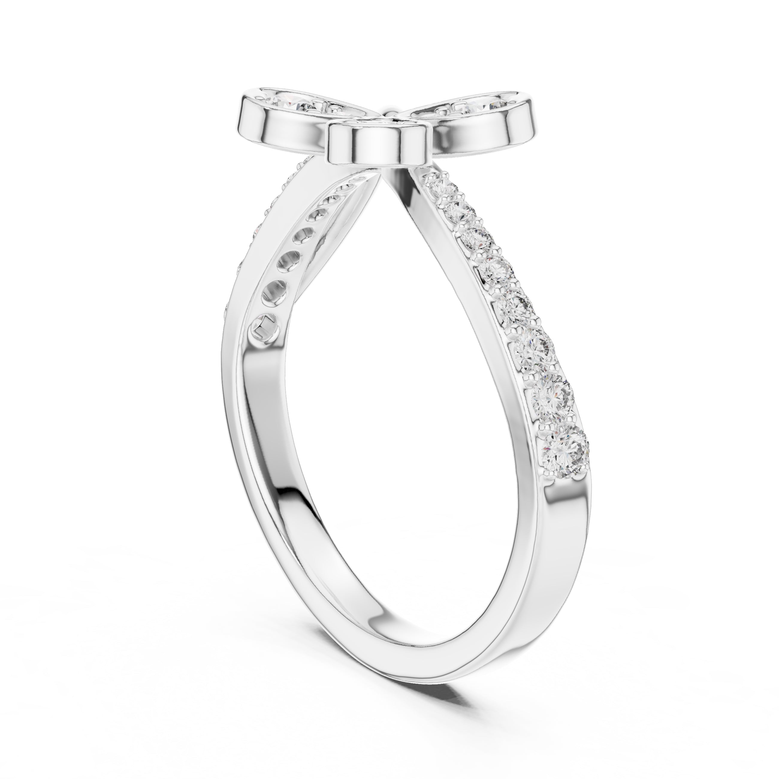 Four-Petal Floral Pavé Minimalist Ring White Gold