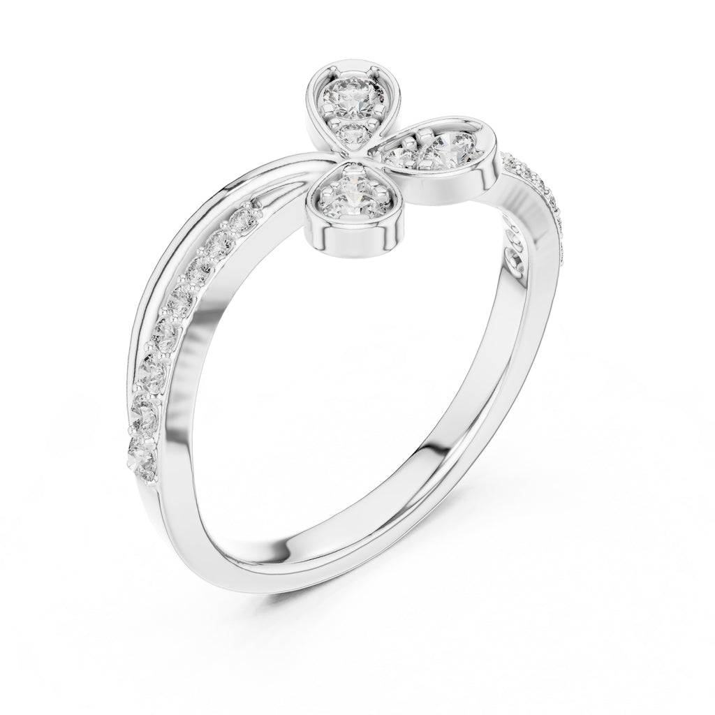 Four-Petal Floral Pavé Minimalist Ring White Gold