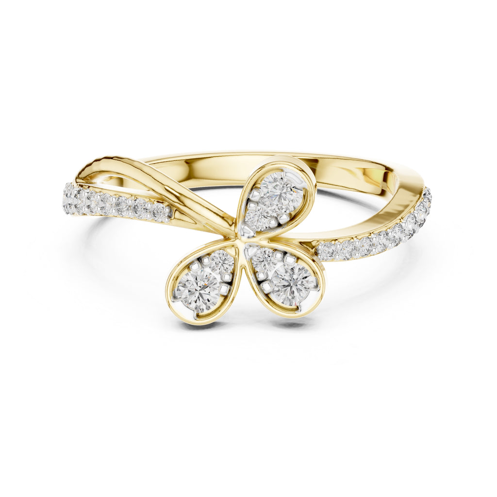 Four-Petal Floral Pavé Minimalist Ring Yellow Gold