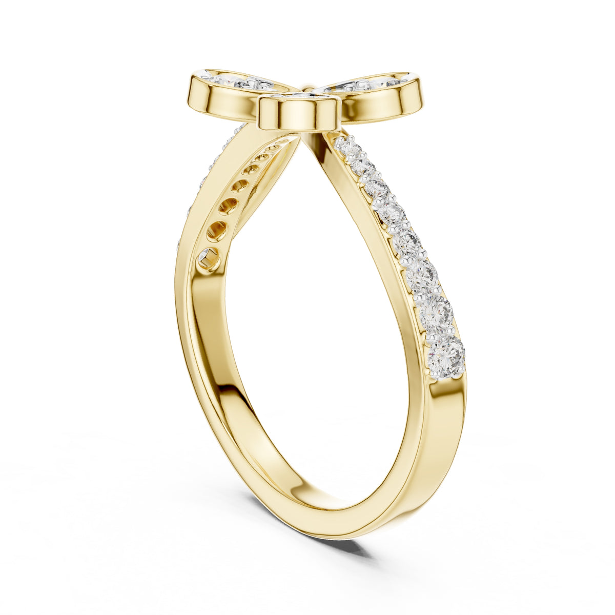 Four-Petal Floral Pavé Minimalist Ring Yellow Gold