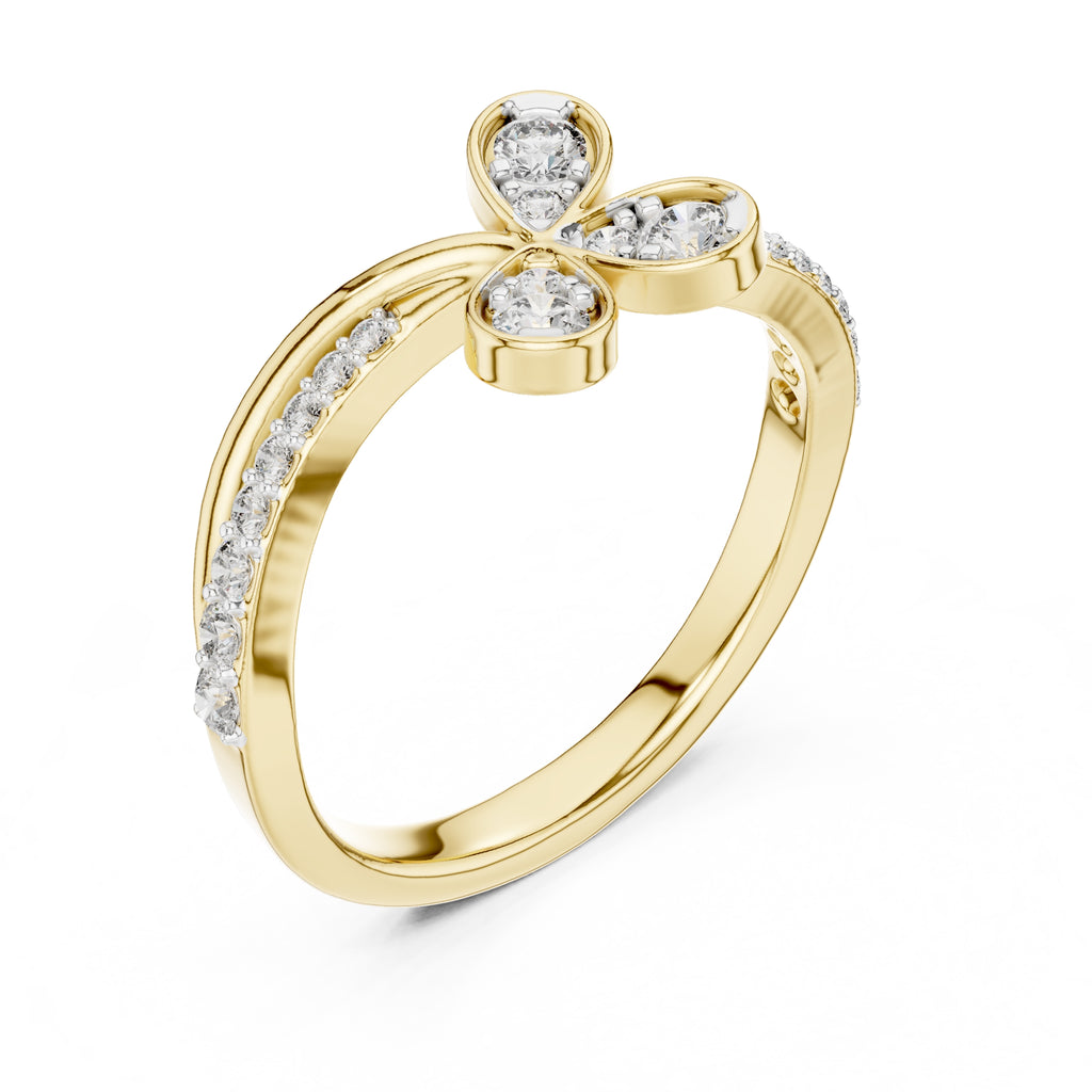 Four-Petal Floral Pavé Minimalist Ring Yellow Gold