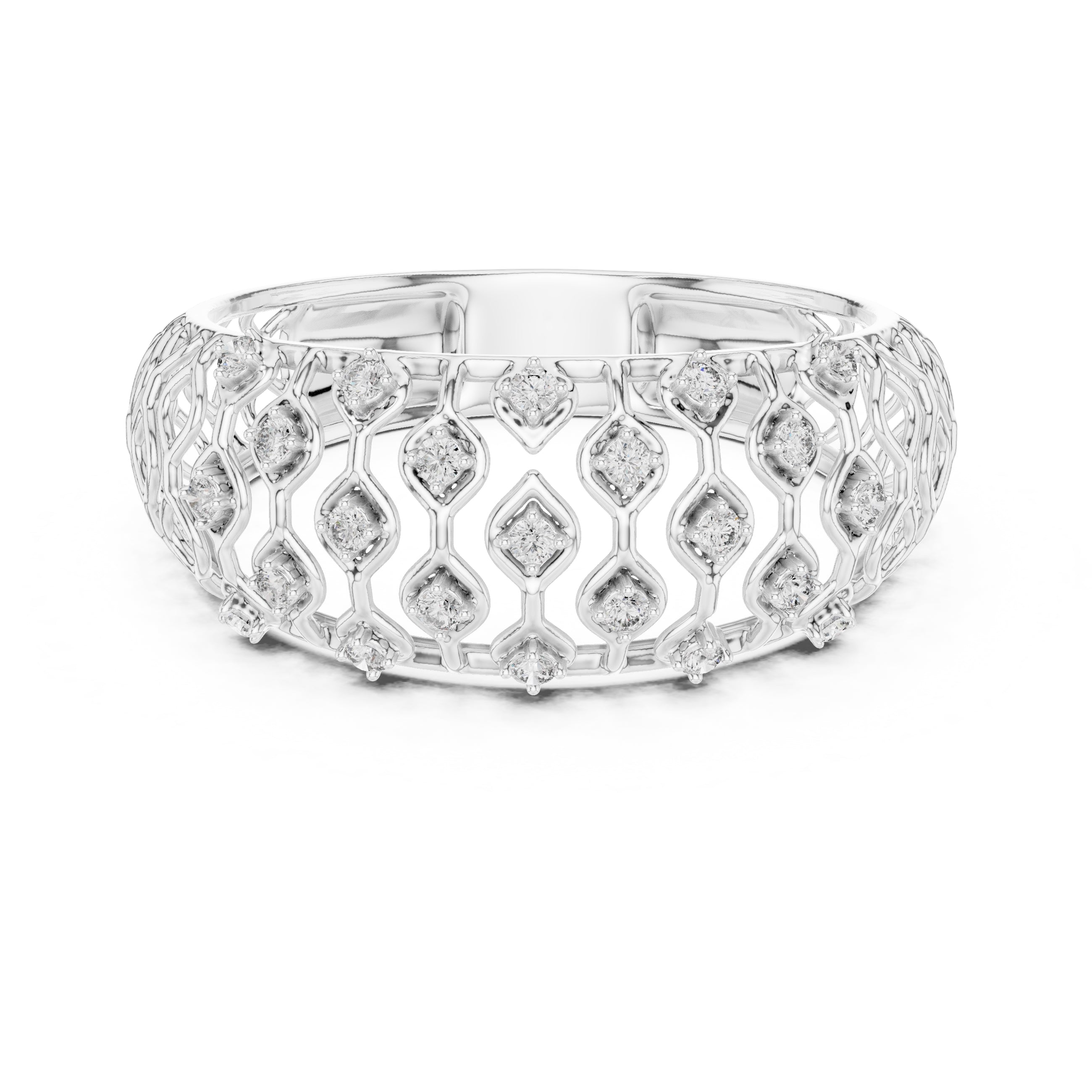 Geometric Lattice Diamond Wide Band White Gold
