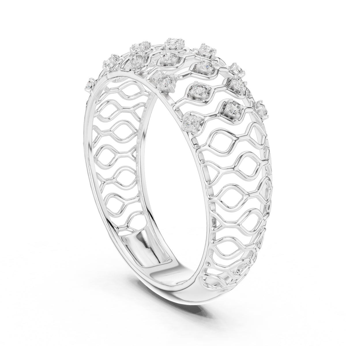 Geometric Lattice Diamond Wide Band White Gold