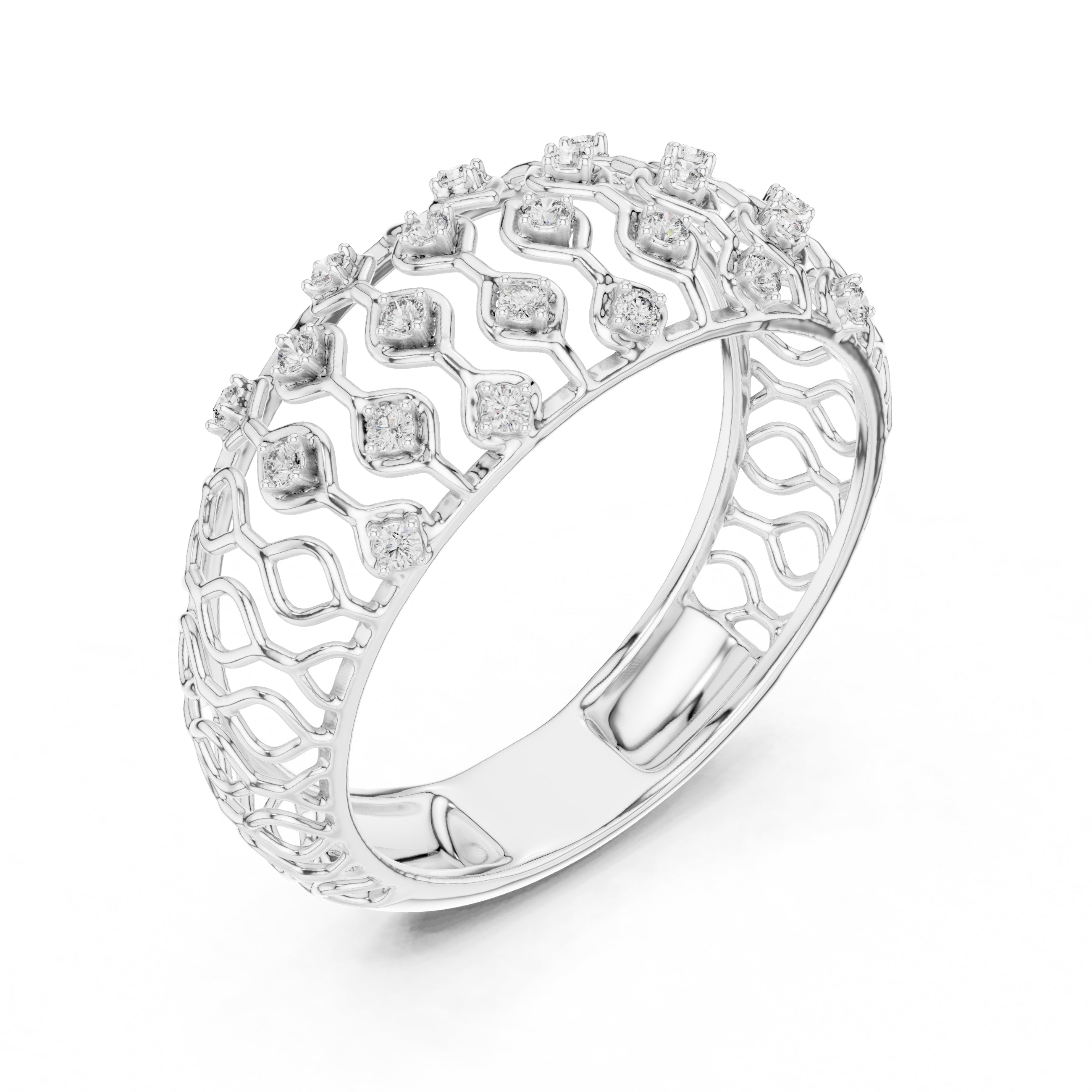 Geometric Lattice Diamond Wide Band White Gold