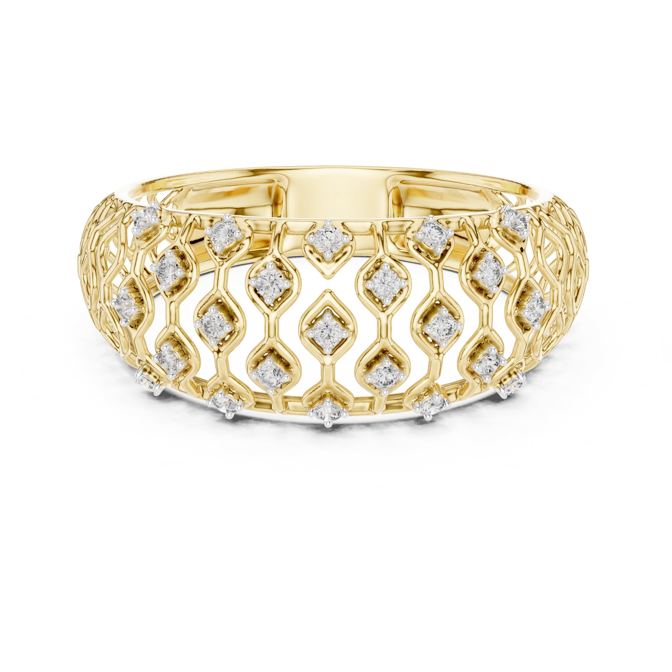 Geometric Lattice Diamond Wide Band Yellow Gold