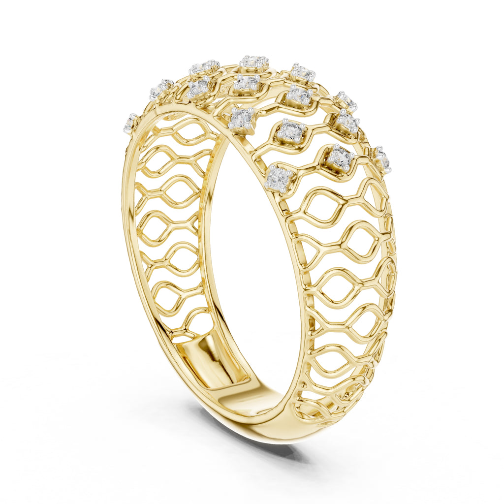 Geometric Lattice Diamond Wide Band Yellow Gold