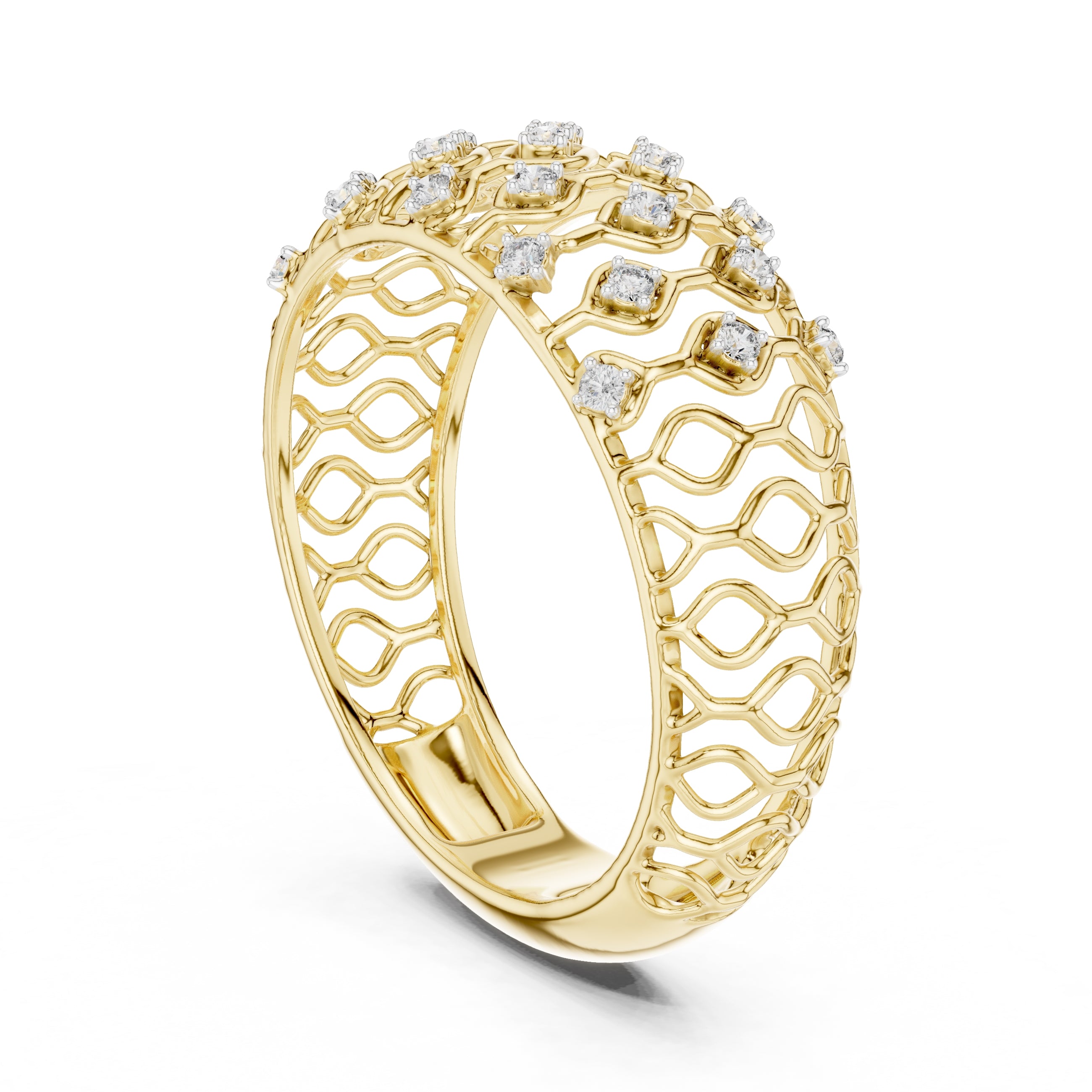 Geometric Lattice Diamond Wide Band Yellow Gold