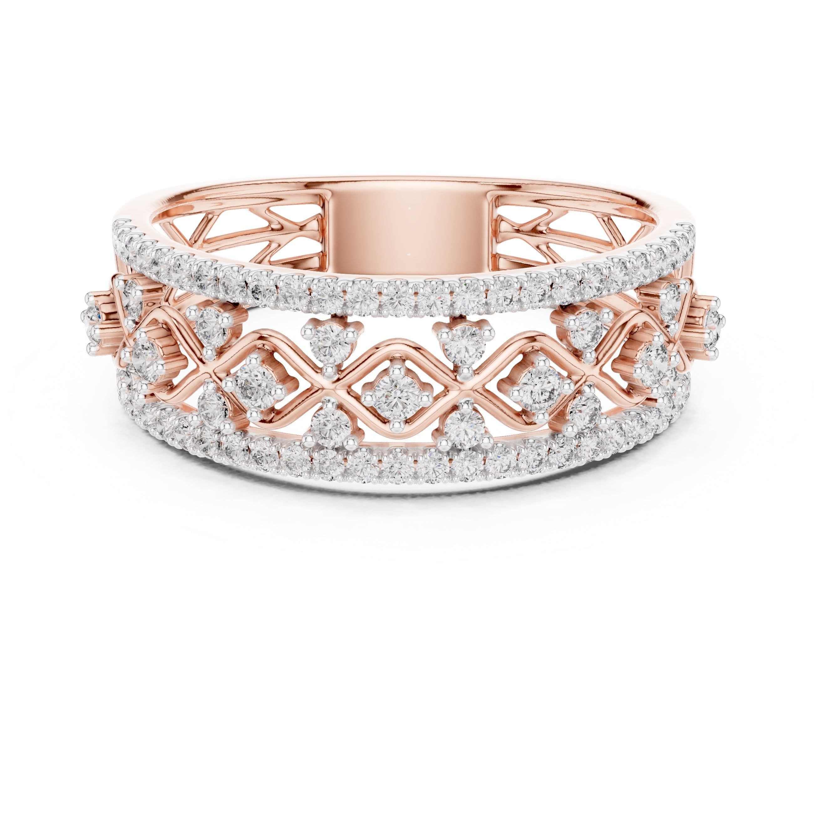 Double Row Pavé Lattice Wide Band Rose Gold