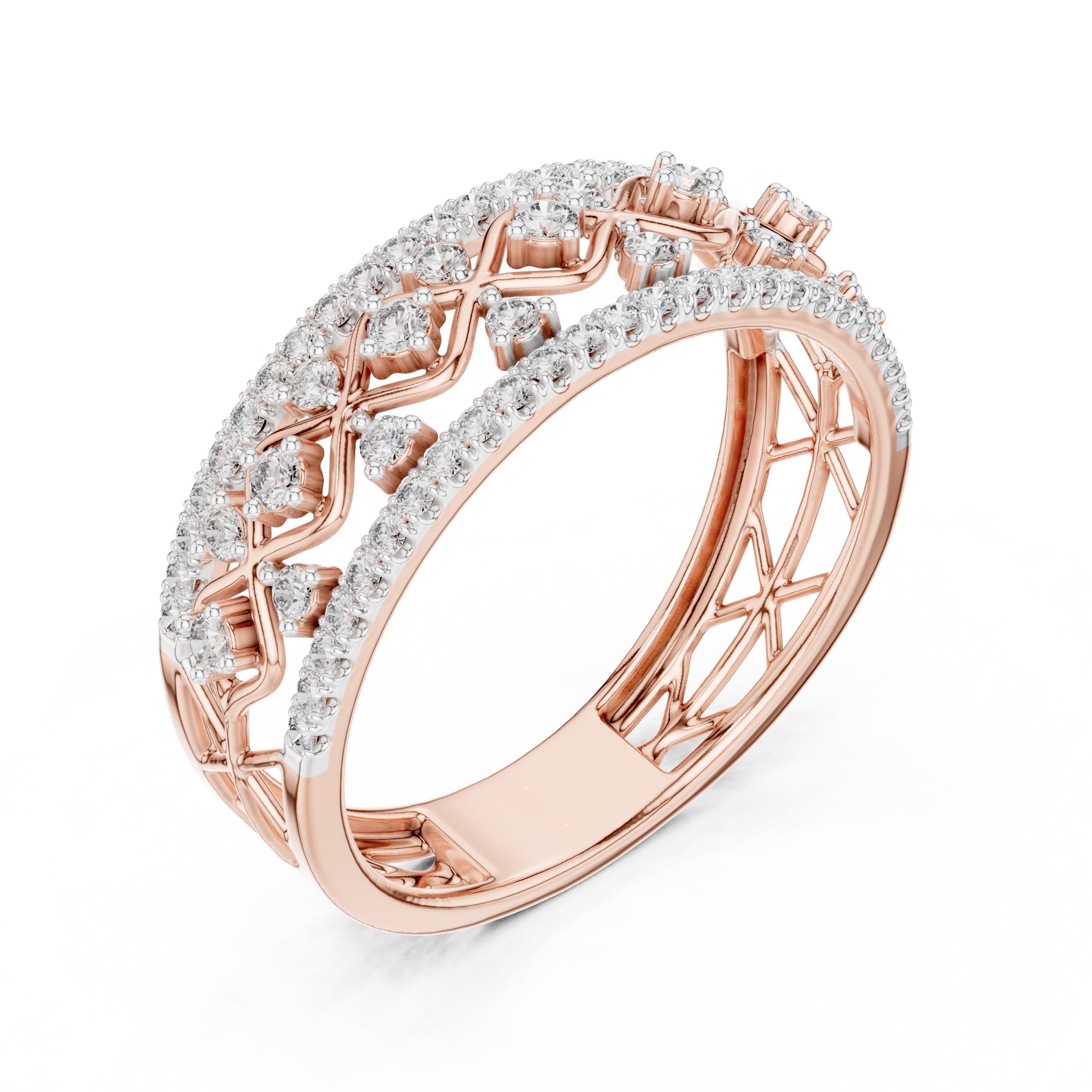 Double Row Pavé Lattice Wide Band Rose Gold