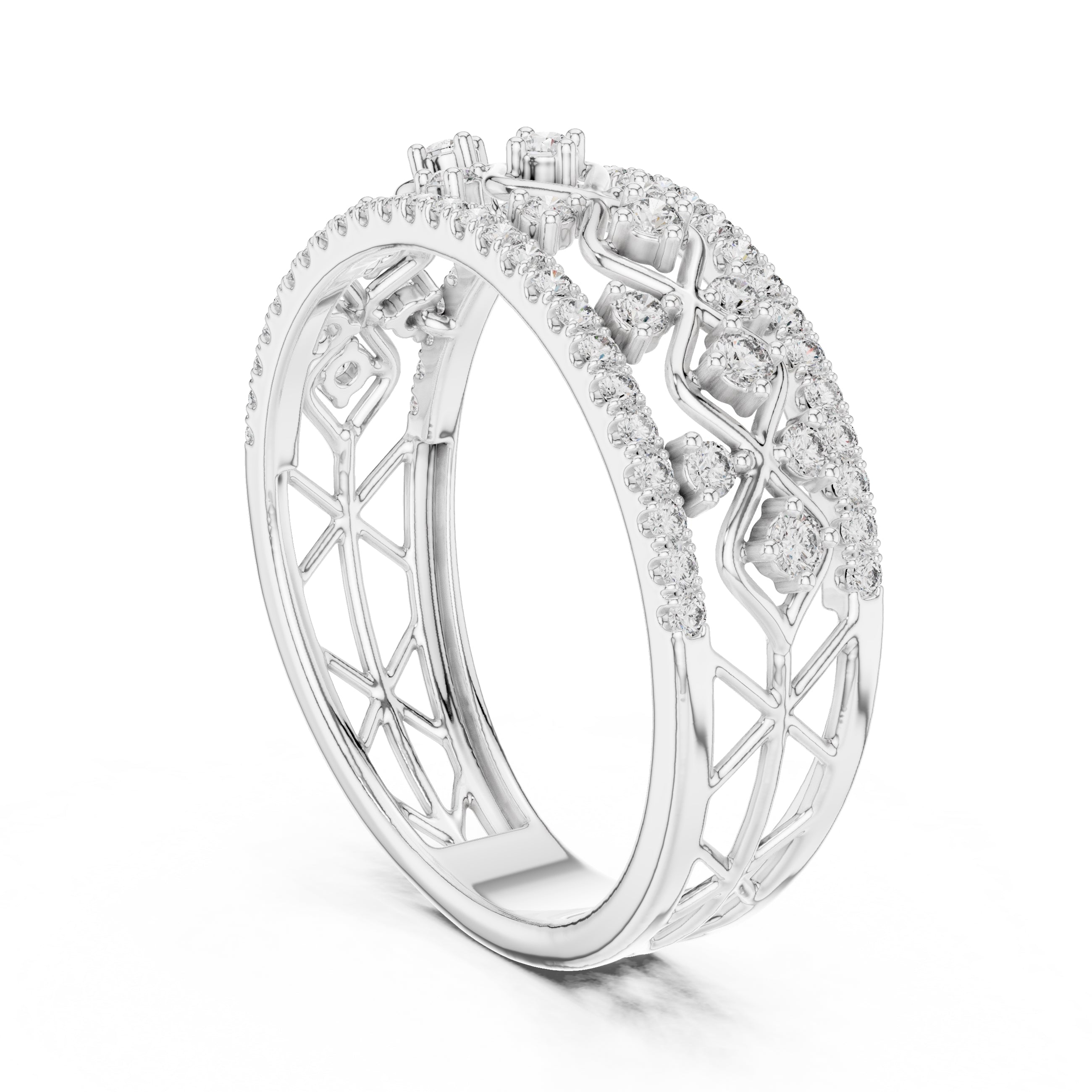 Double Row Pavé Lattice Wide Band White Gold