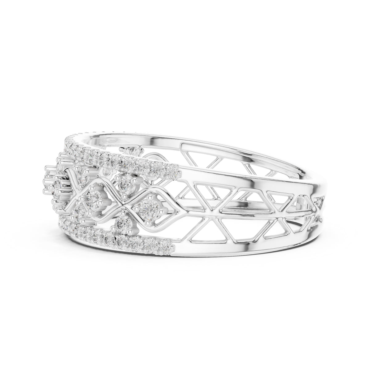 Double Row Pavé Lattice Wide Band White Gold