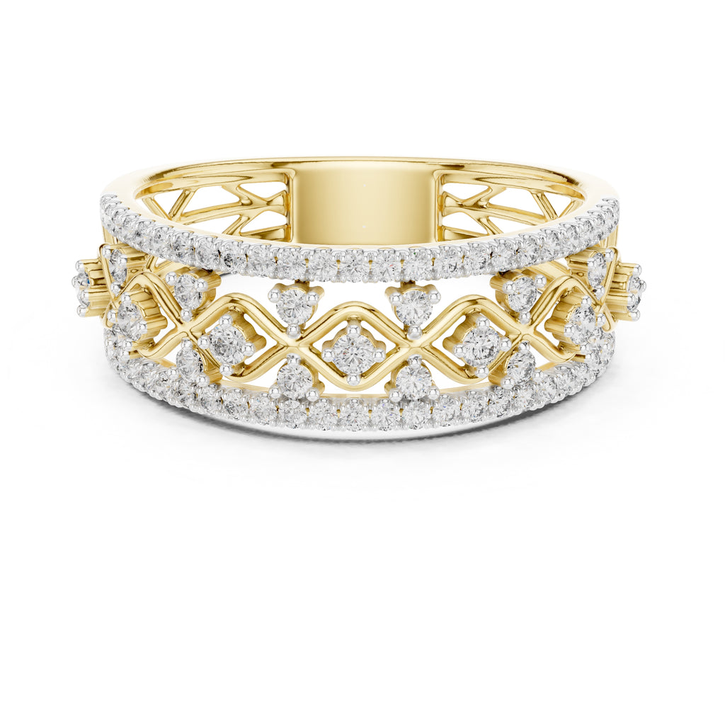 Double Row Pavé Lattice Wide Band Yellow Gold