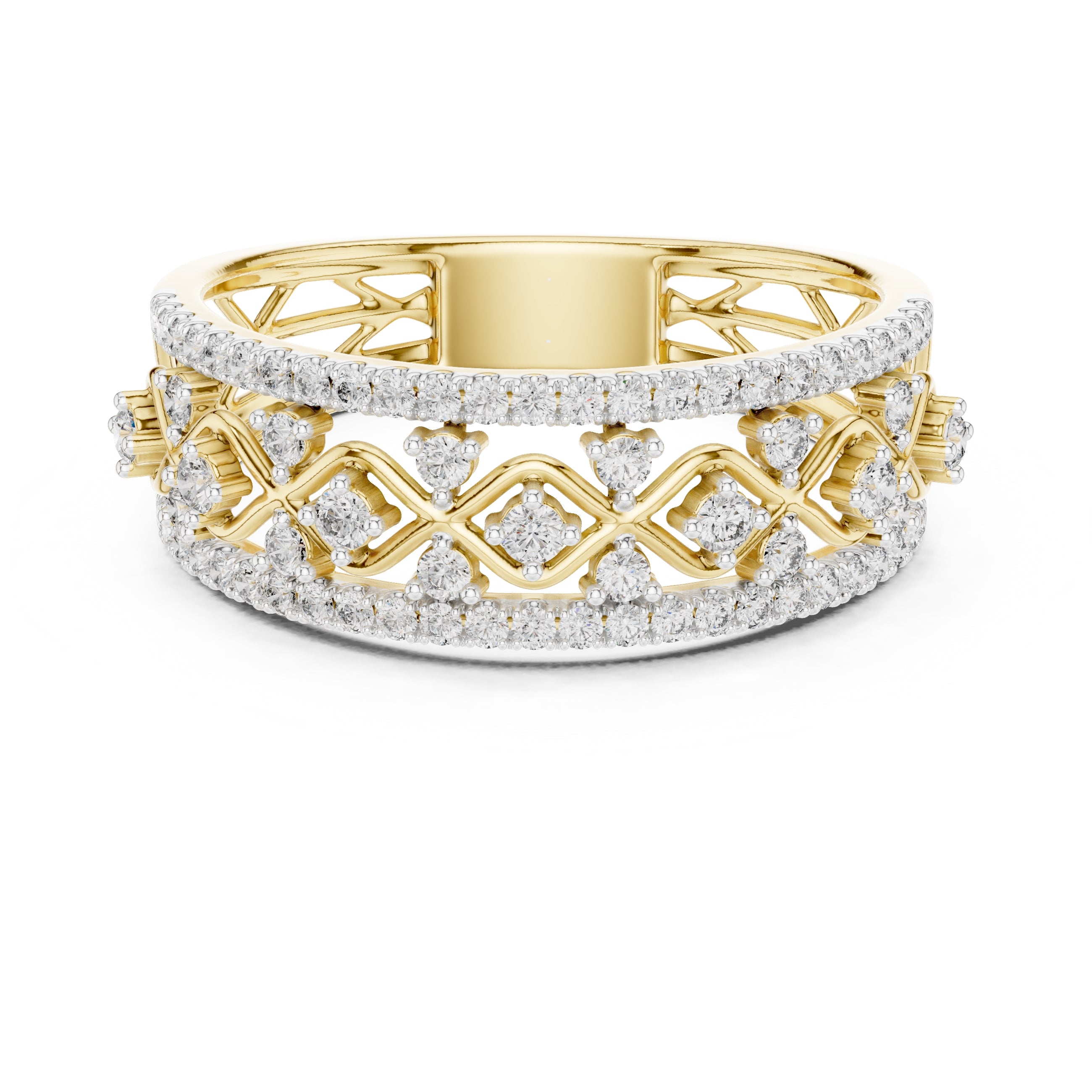 Double Row Pavé Lattice Wide Band Yellow Gold