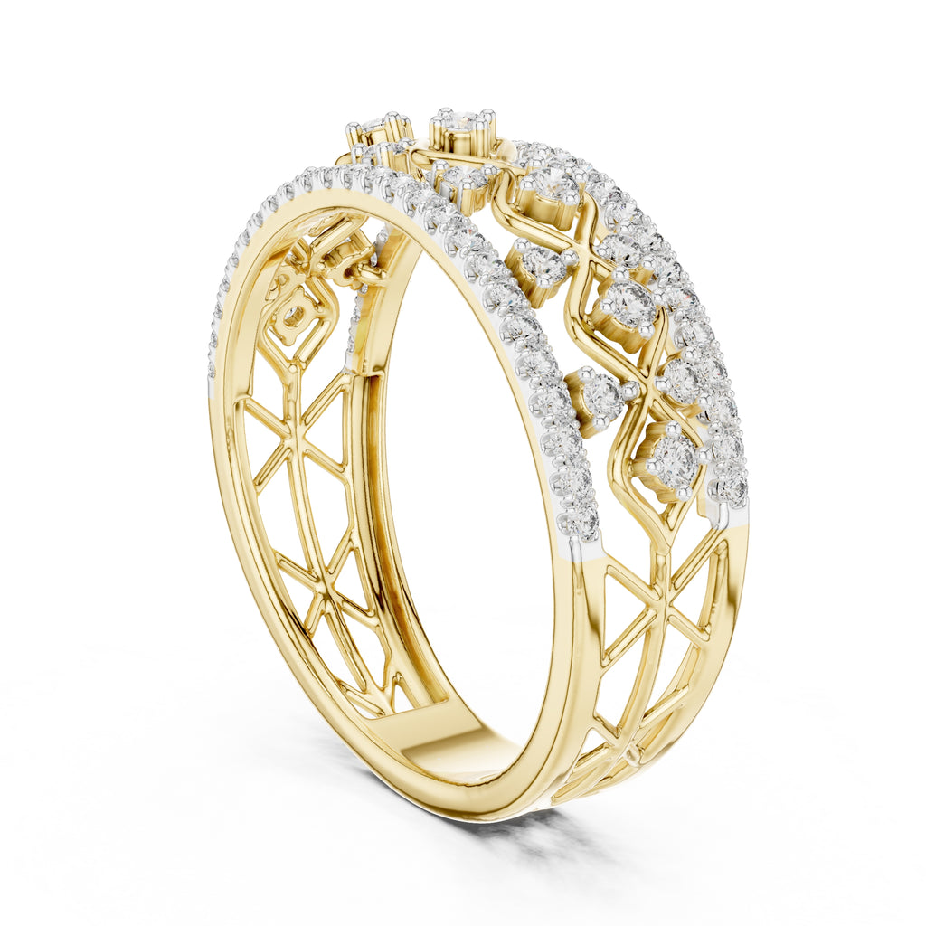Double Row Pavé Lattice Wide Band Yellow Gold