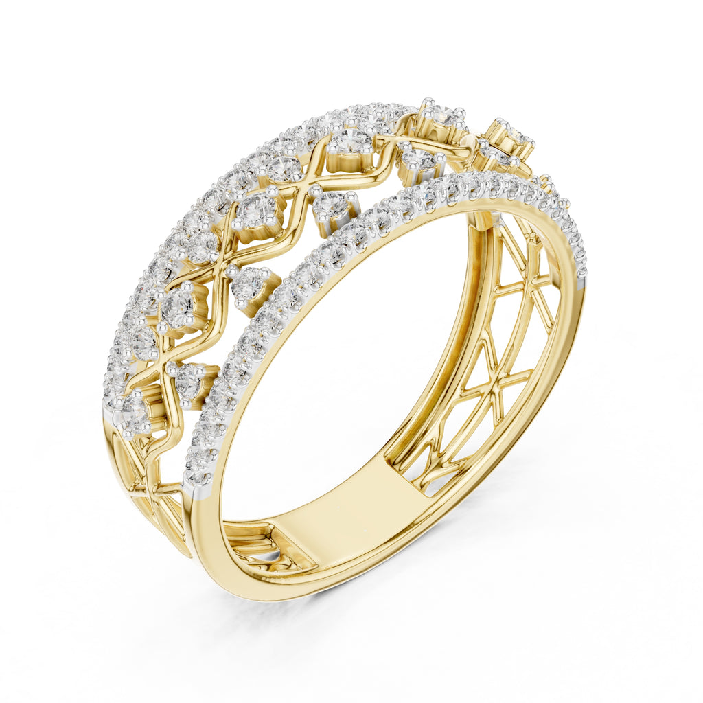 Double Row Pavé Lattice Wide Band Yellow Gold