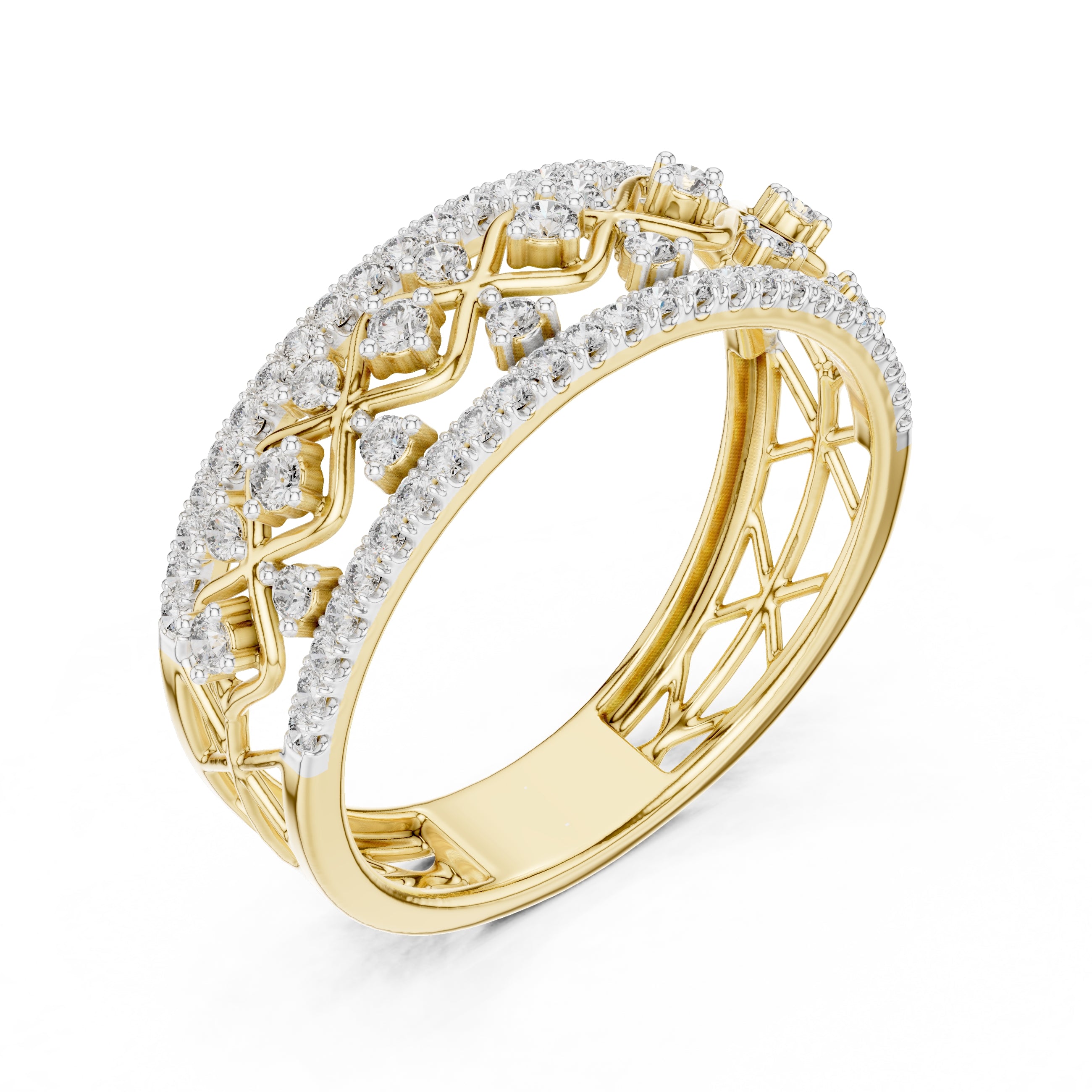 Double Row Pavé Lattice Wide Band Yellow Gold