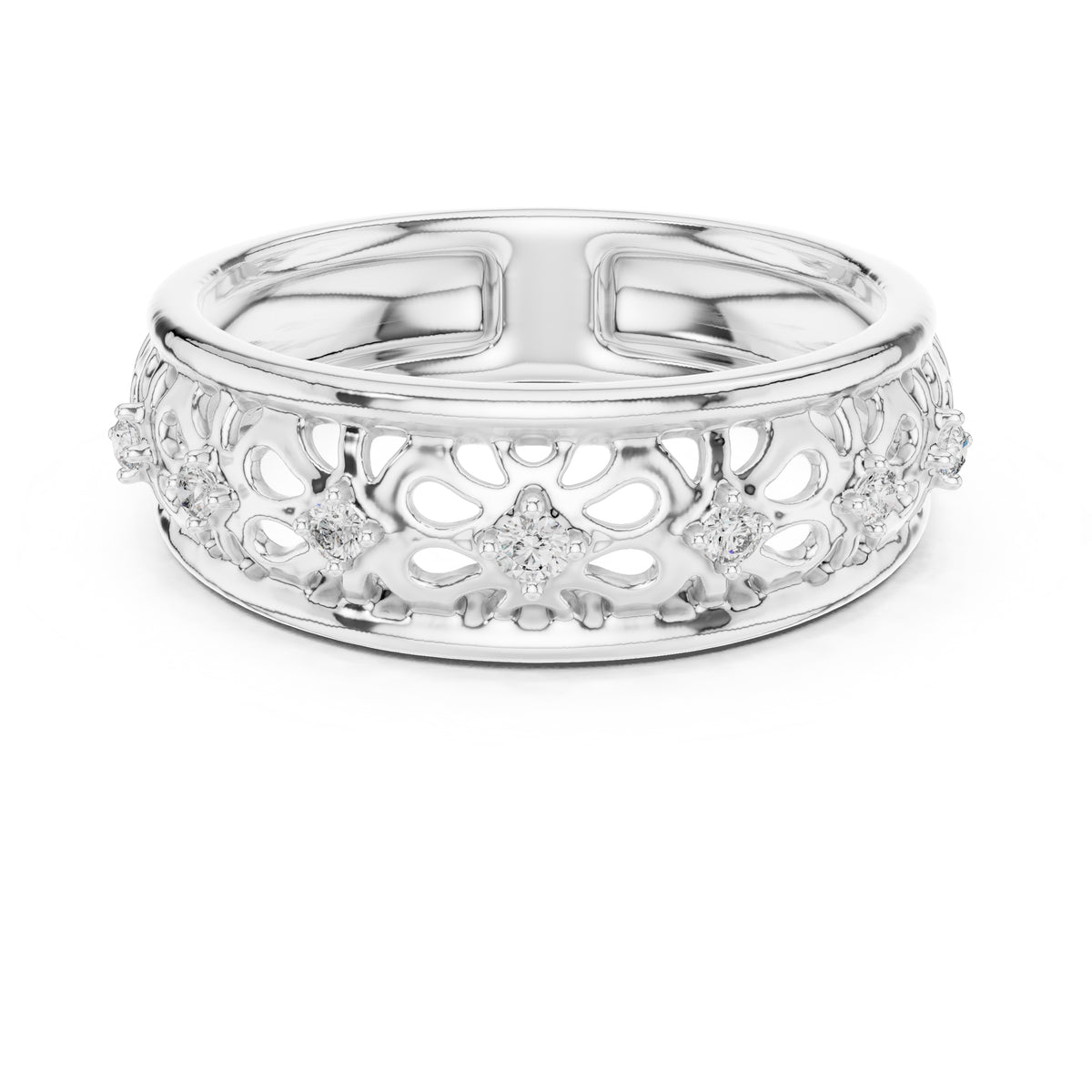 Filigree Floral Wide Band White Gold