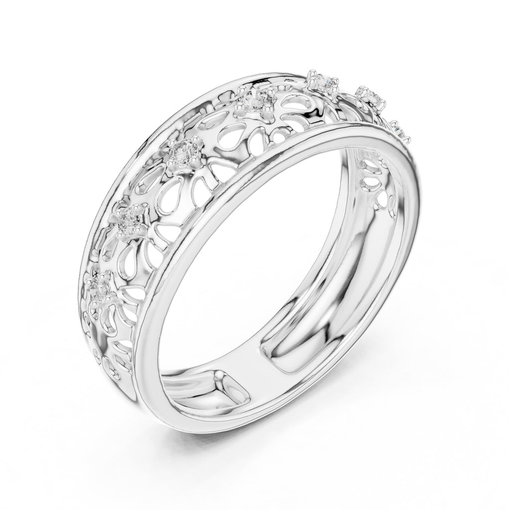 Filigree Floral Wide Band White Gold