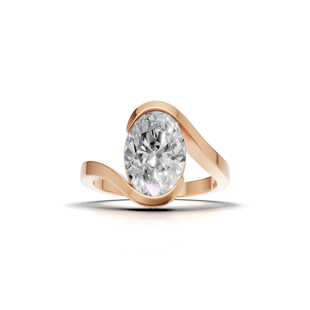 3 ct Oval Bypass Ring, IGI Certified Lab Grown Diamond, Semi Bezel Solitaire 3ct Rose Gold