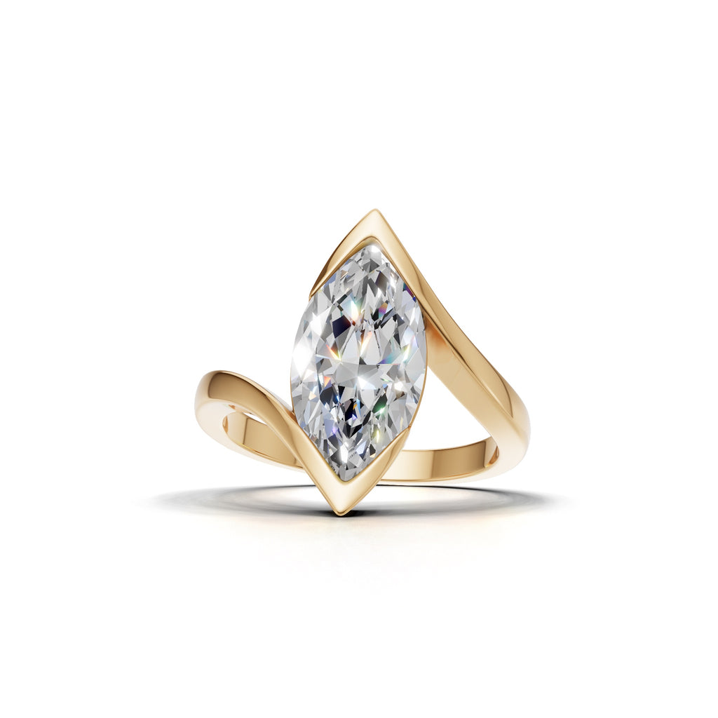 3 ct Marquise Bypass Ring, IGI Certified Lab Grown Diamond, Semi Bezel Solitaire 3ct Yellow Gold