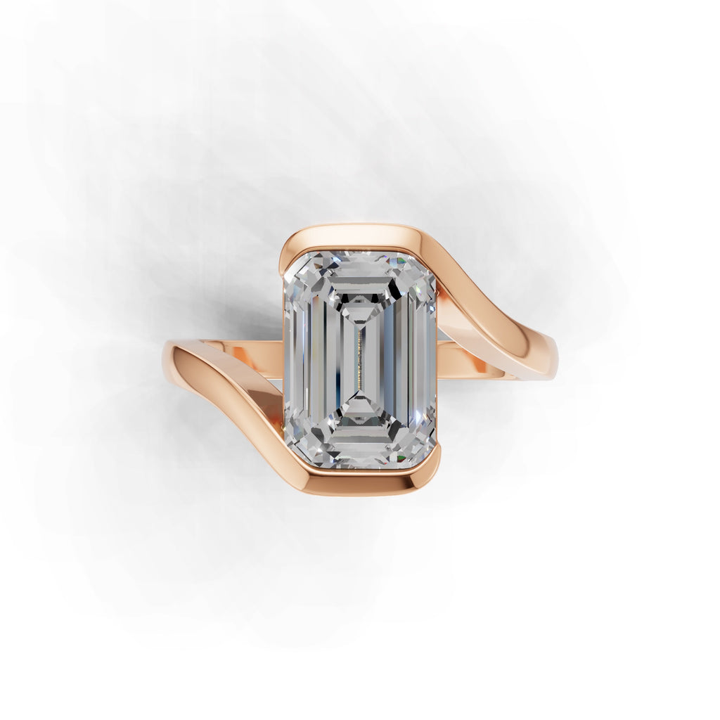 3 ct Emerald Bypass Ring, IGI Certified Lab Grown Diamond, Semi Bezel Solitaire 3ct Rose Gold