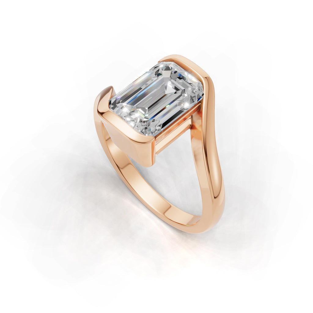 3 ct Emerald Bypass Ring, IGI Certified Lab Grown Diamond, Semi Bezel Solitaire 3ct Rose Gold