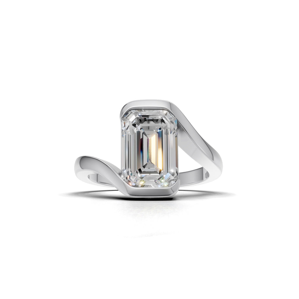 3 ct Emerald Bypass Ring, IGI Certified Lab Grown Diamond, Semi Bezel Solitaire 3ct White Gold