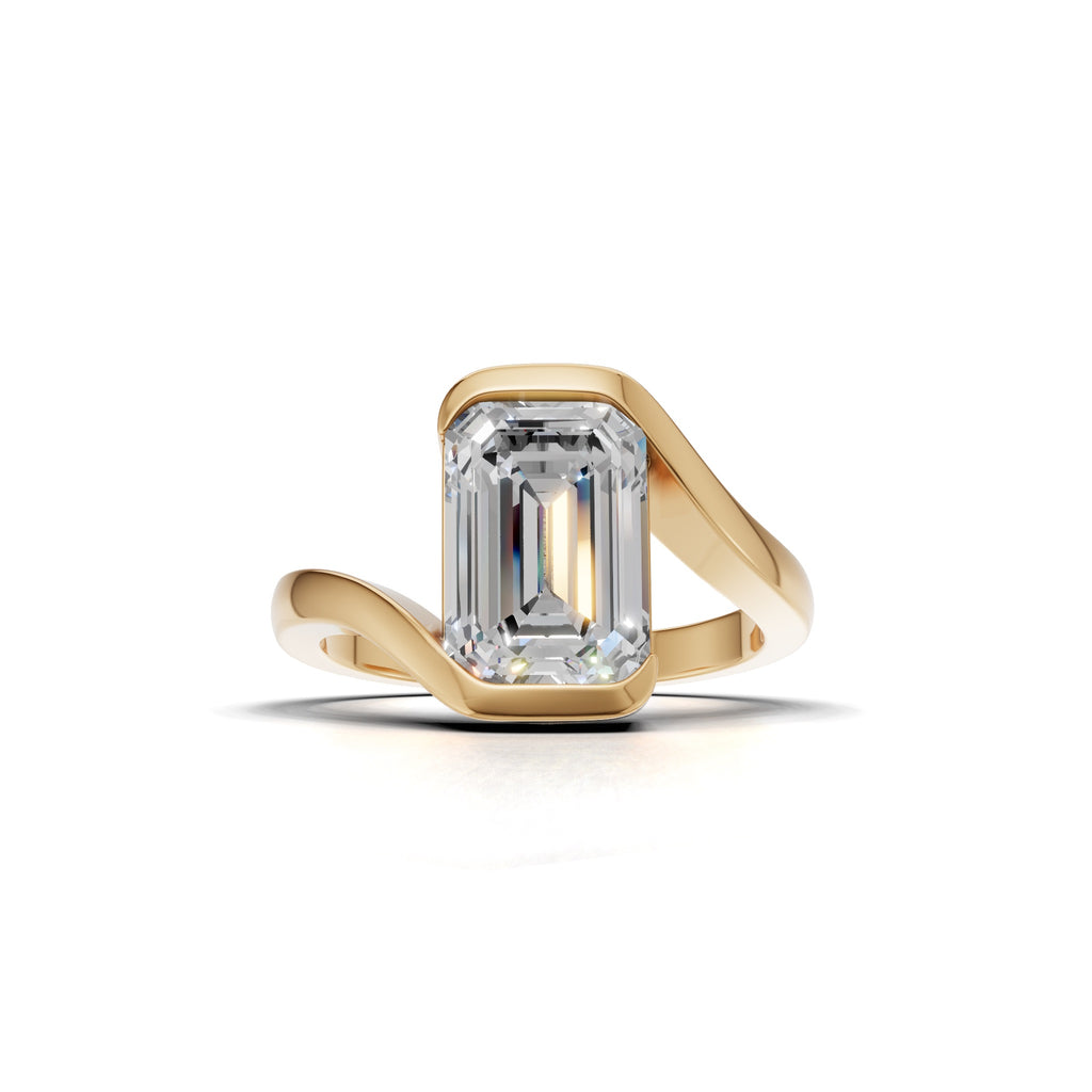 3 ct Emerald Bypass Ring, IGI Certified Lab Grown Diamond, Semi Bezel Solitaire 3ct Yellow Gold