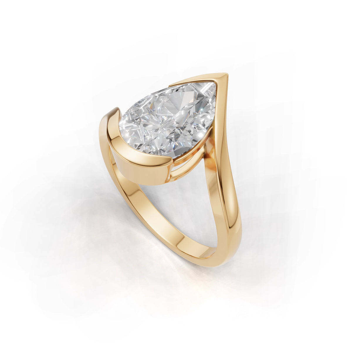 3 ct Pear Bypass Ring, IGI Certified Lab Grown Diamond, Semi Bezel Solitaire 3ct Yellow Gold